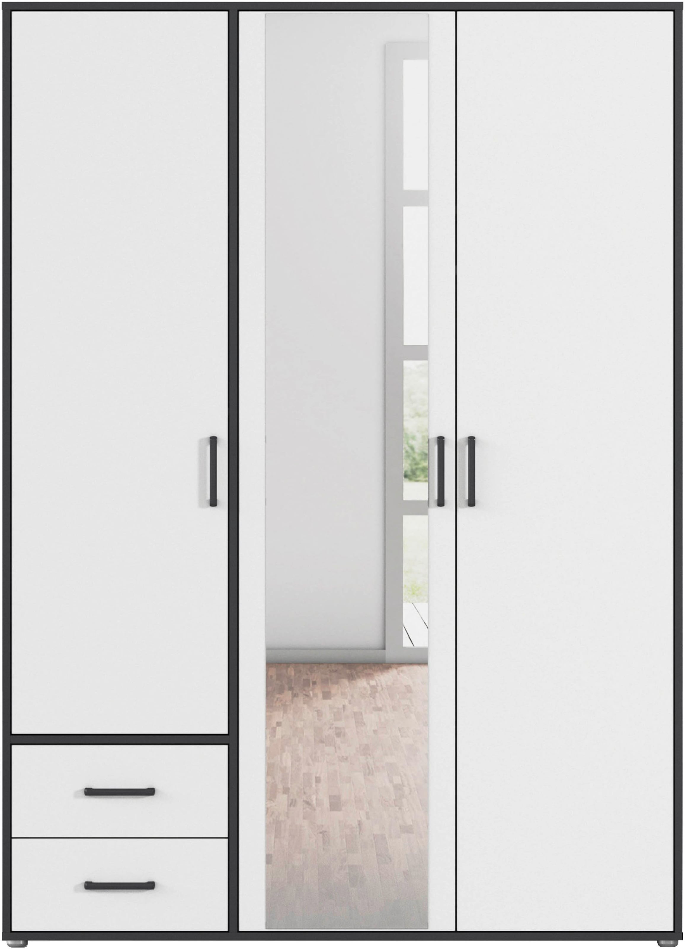rauch Drehtürenschrank »Kleiderschrank Schrank Garderobe Wäscheschrank VOYAGER«, (in 3 verschiedenen Ausstattungen BASIC/CLASSIC/PREMIUM), mit modernen Griffen in Graumetallic, inkl. Schubkästen und Spiegel