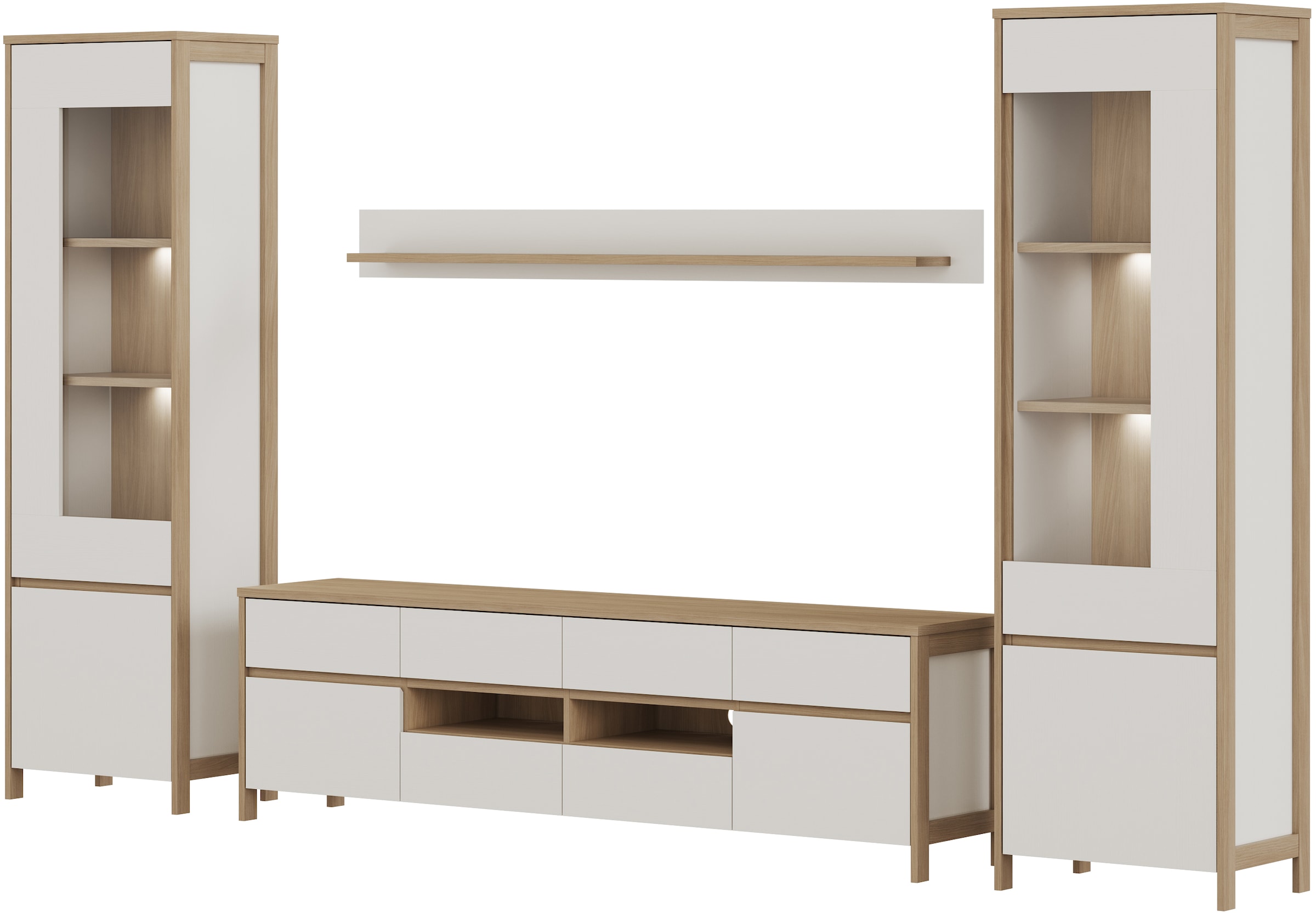 Home affaire Wohnwand »Stranda, moderne Anbauwand, Komplettset im Scandi-Style«, (4 St.), enthält zwei Vitrinen, Lowboard und Wandboard, 344 cm breit