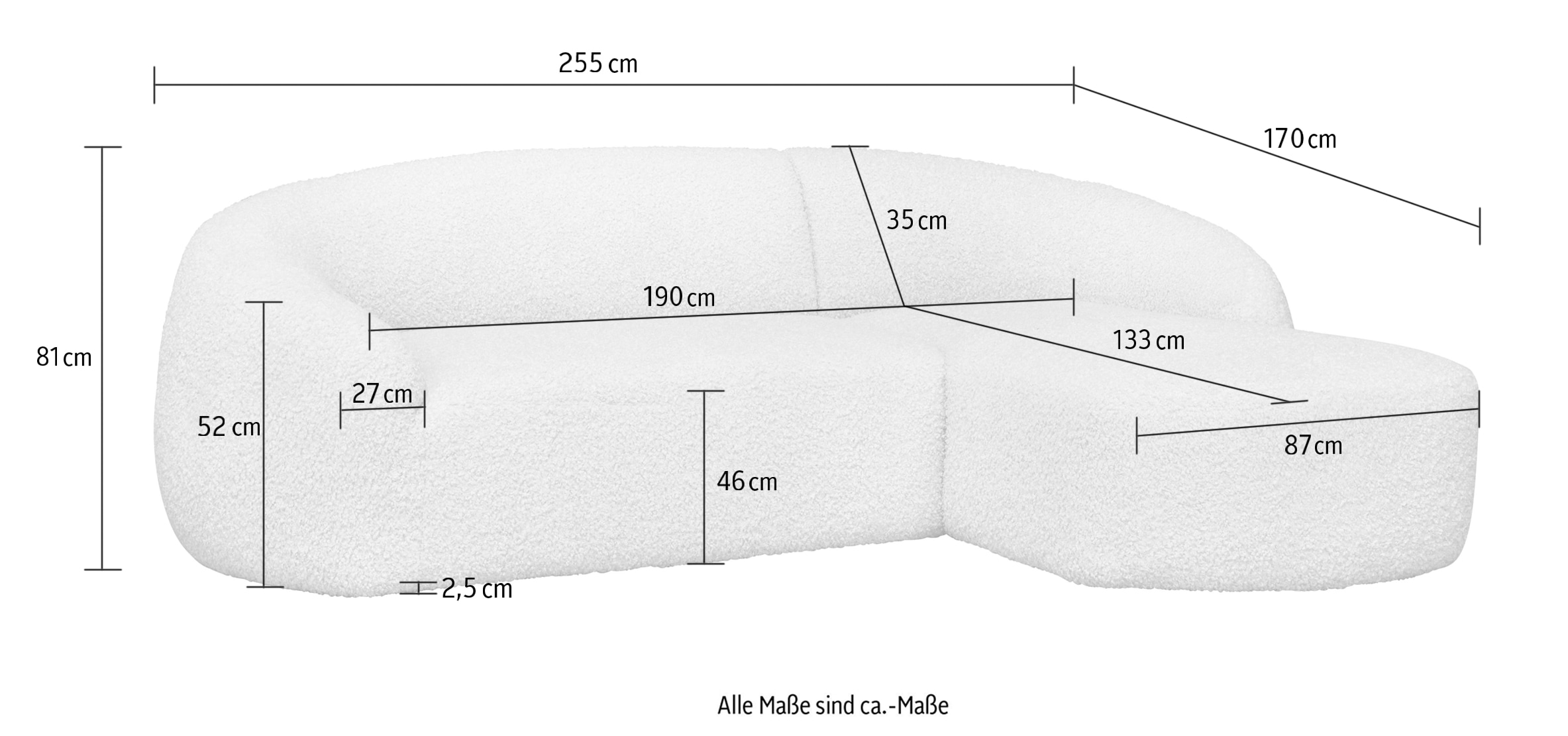 LeGer Home by Lena Gercke Ecksofa »YANI, L-Form, Designersofa, organische Form, Maße B/T/H: 255/170/81 cm«, mit Wellenunterfederung, auch in Bouclé, Recamiere rechts/links