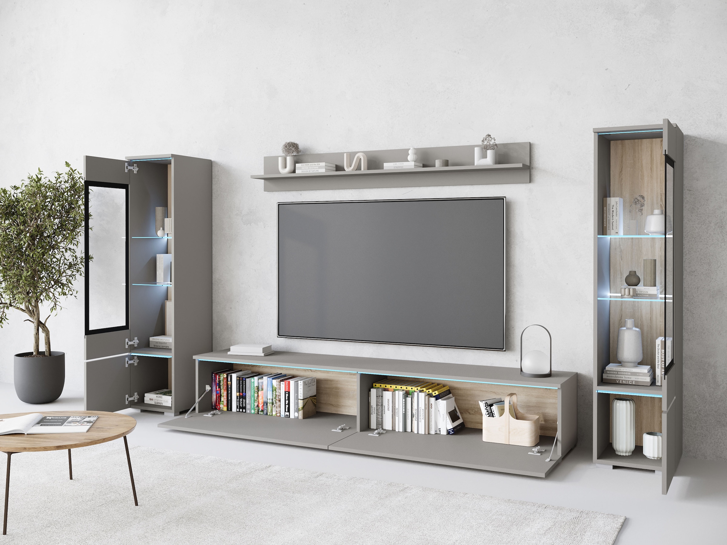 INOSIGN Wohnwand »VERA II, Vitrinen Türanschlag wechselbar«, (Komplett-Set, 4 St.), Mediawand 260 cm, Vitrine mit Verglasung, stehend und hängend