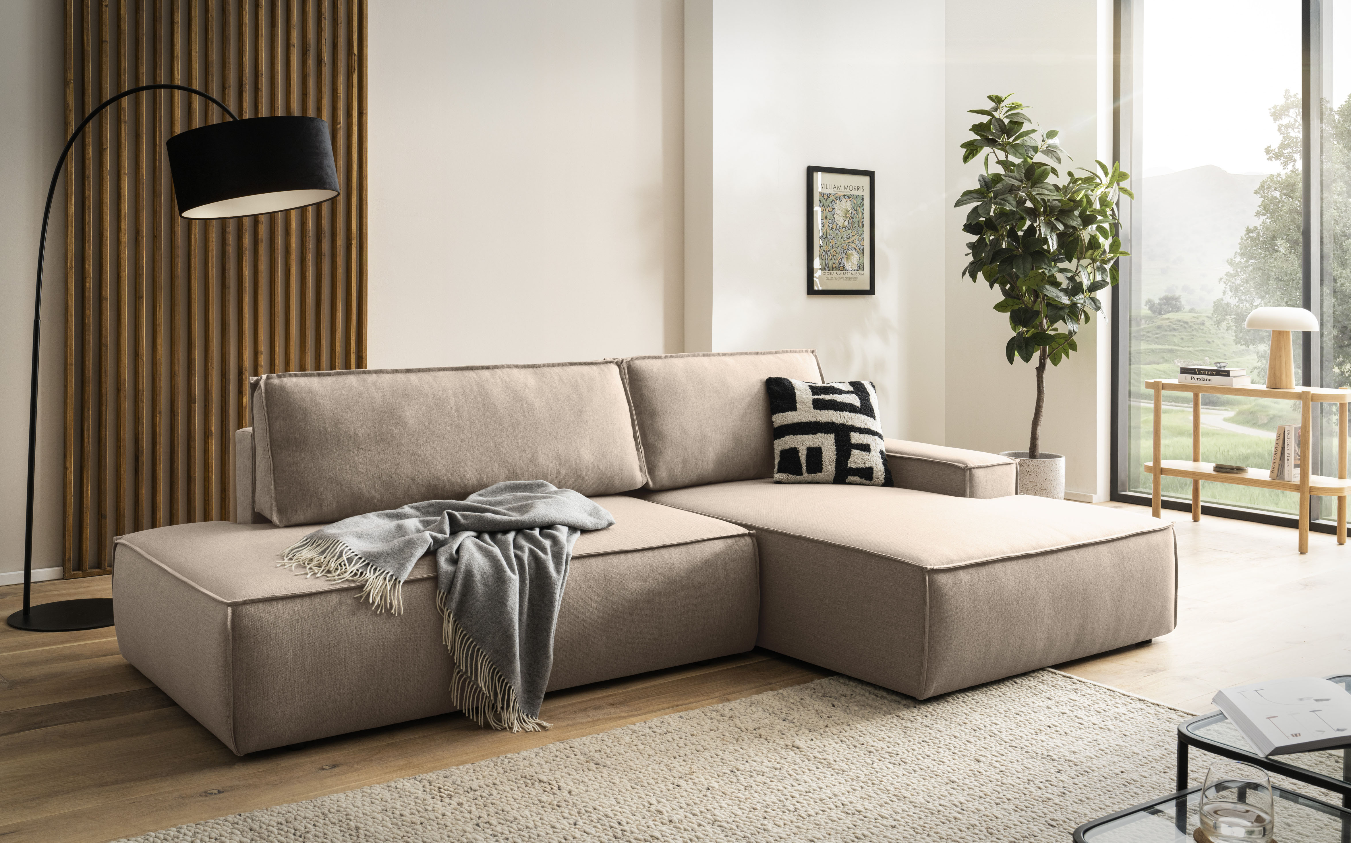 OTTO home Ecksofa "SHERWOOD Leinenoptik Schlafsofa in L-Form offen (275cm)" Schlaffunktion und Bettkasten, Kedernaht, hoher Sitz- & Liegekomfort