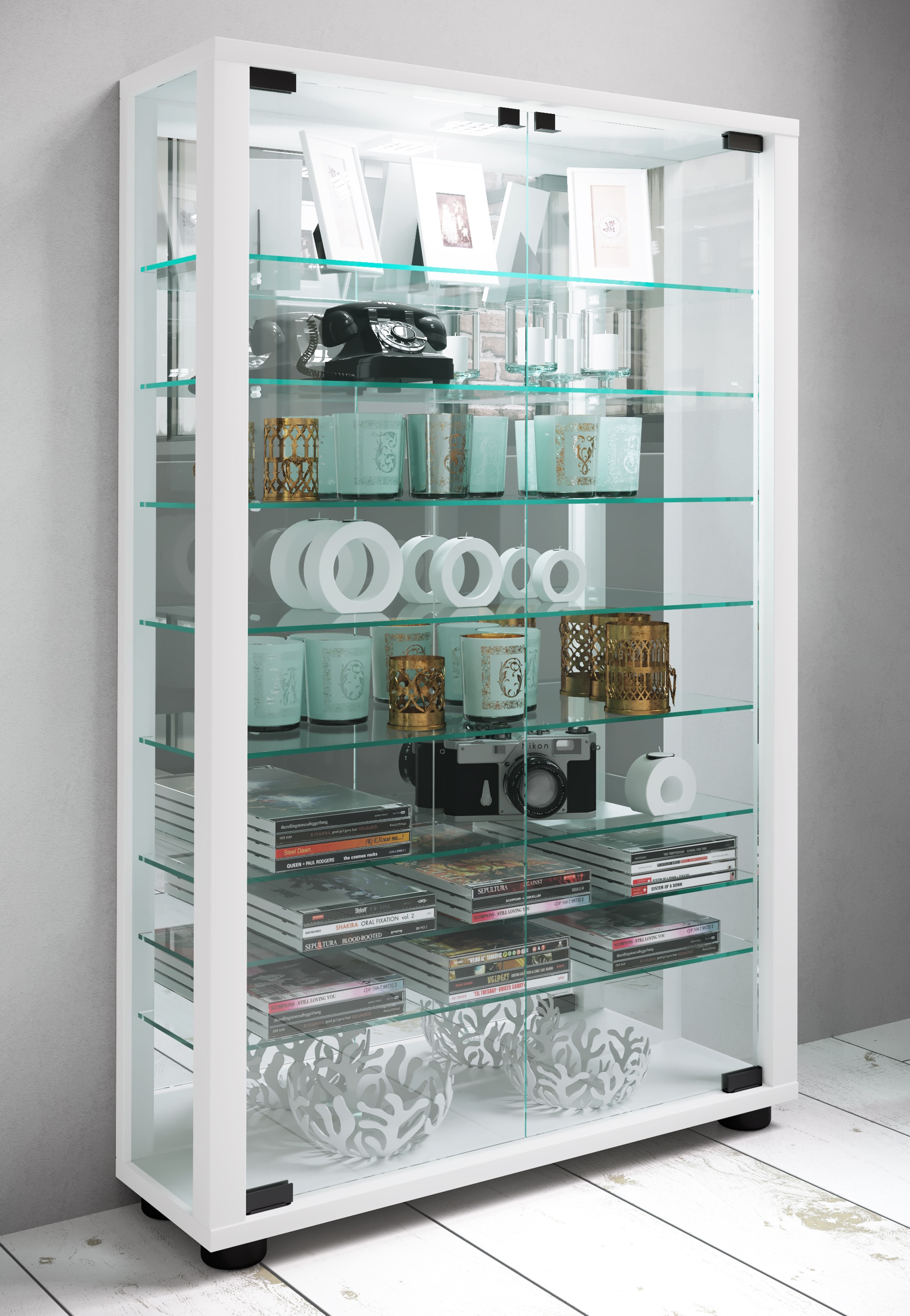 VCM Vitrine »VCM Glasvitrine stehend | Vitrine Glas mit ESG-Sicherheitsglas | Maße ca.H. 91 x B. 59 x T. 18 cm | Standvitrine Glas | Modern und platzsparend | Glas Vitrinenschrank ¿ Lumo Mini Spiegel«, (1 St.)