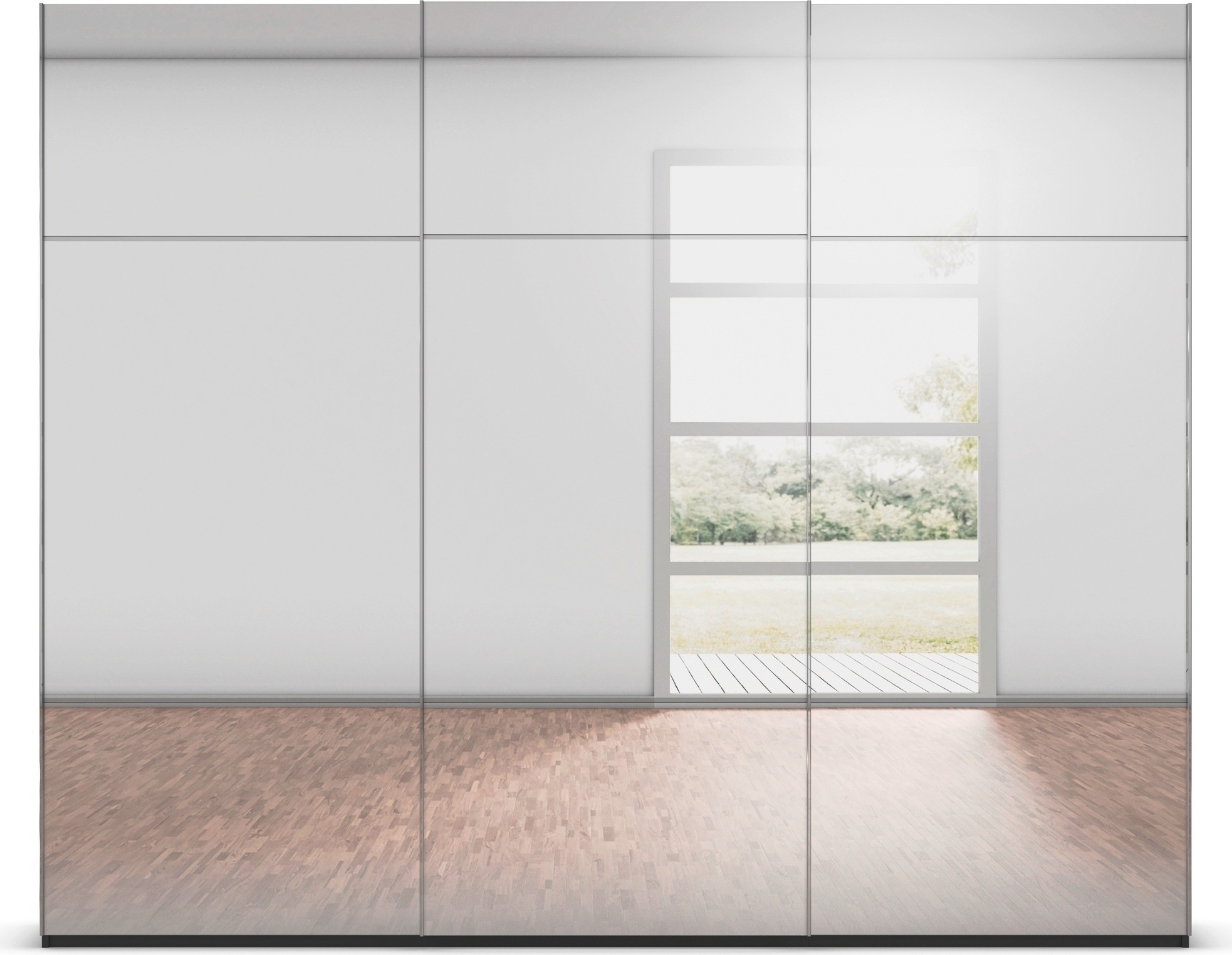 rauch Schwebetürenschrank »Kleiderschrank Schrank Garderobe Schlafzimmerschrank SCALE-TRIO«, edle dreigeteilte Front mit 2 Zierleisten Spiegelfront MADE IN GERMANY