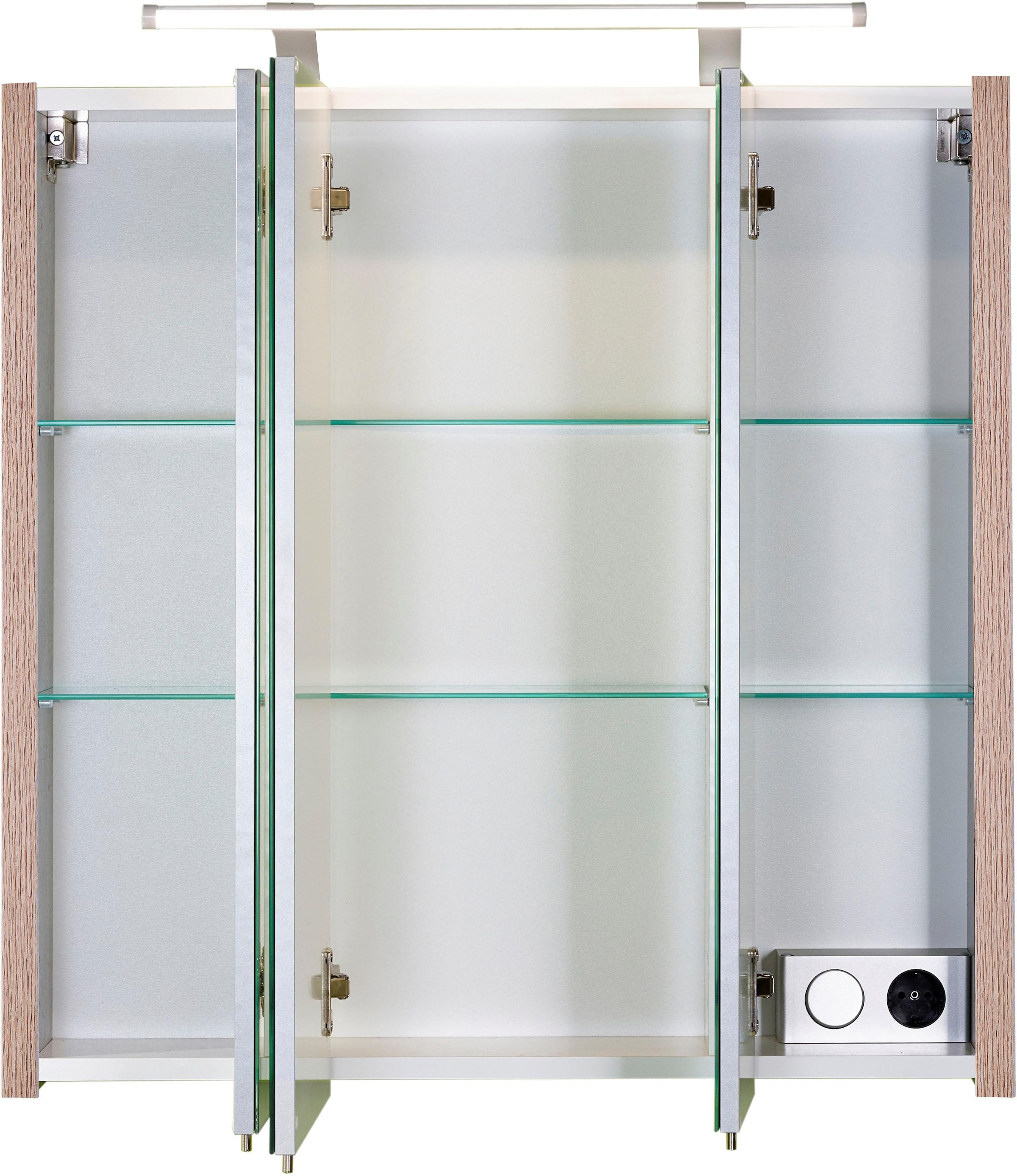 Schildmeyer Spiegelschrank »Dorina, mit höhenverstellbaren Glasböden made in Germany«, Breite 70 cm, 3-türig, LED-Beleuchtung, Schalter-/Steckdosenbox