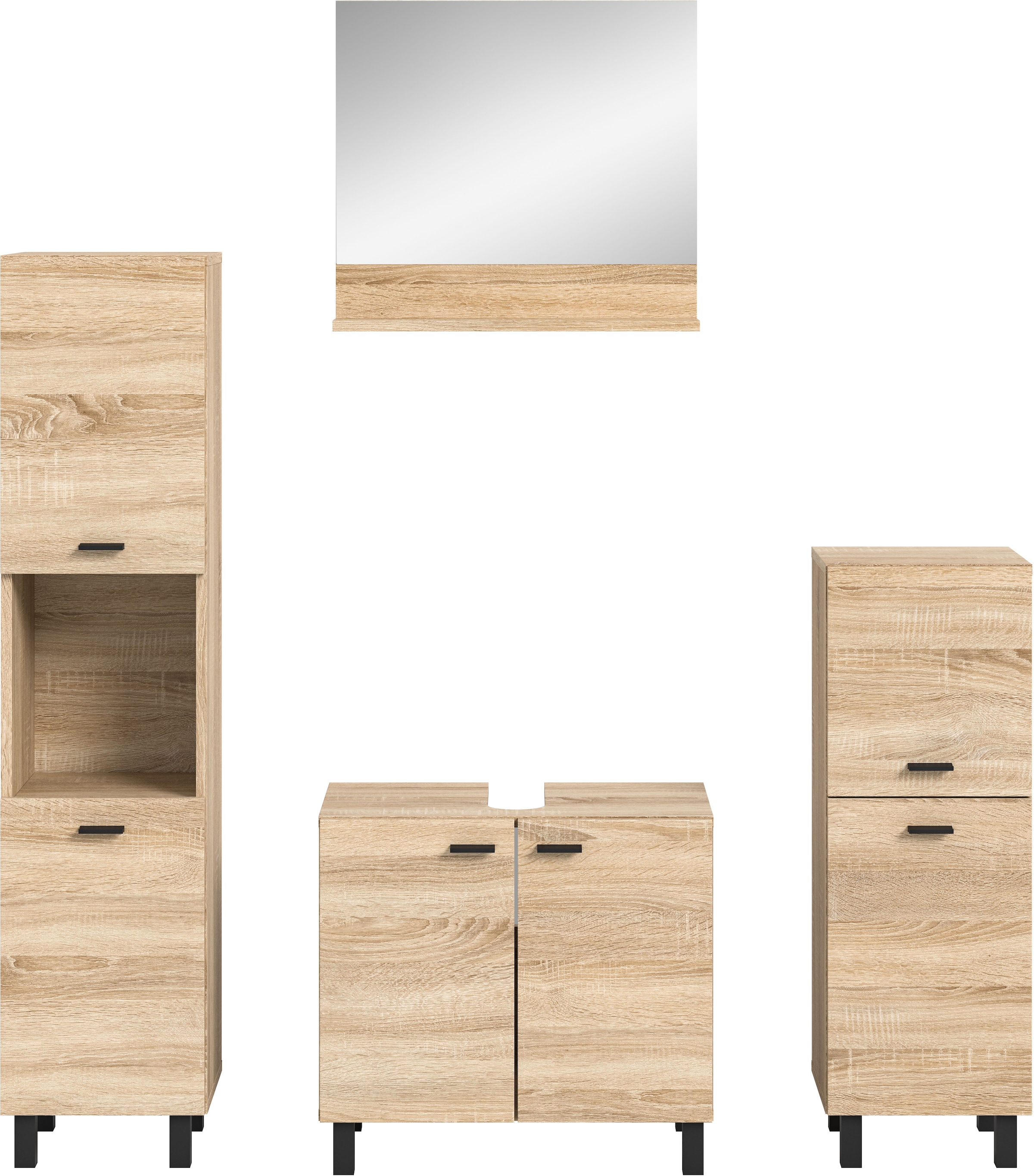 welltime Badmöbel-Set »Tampa, Breite 137cm, 4-teilig«, (4 St.), Waschbeckenunterschrank, Spiegel, Hochschrank, Midischrank