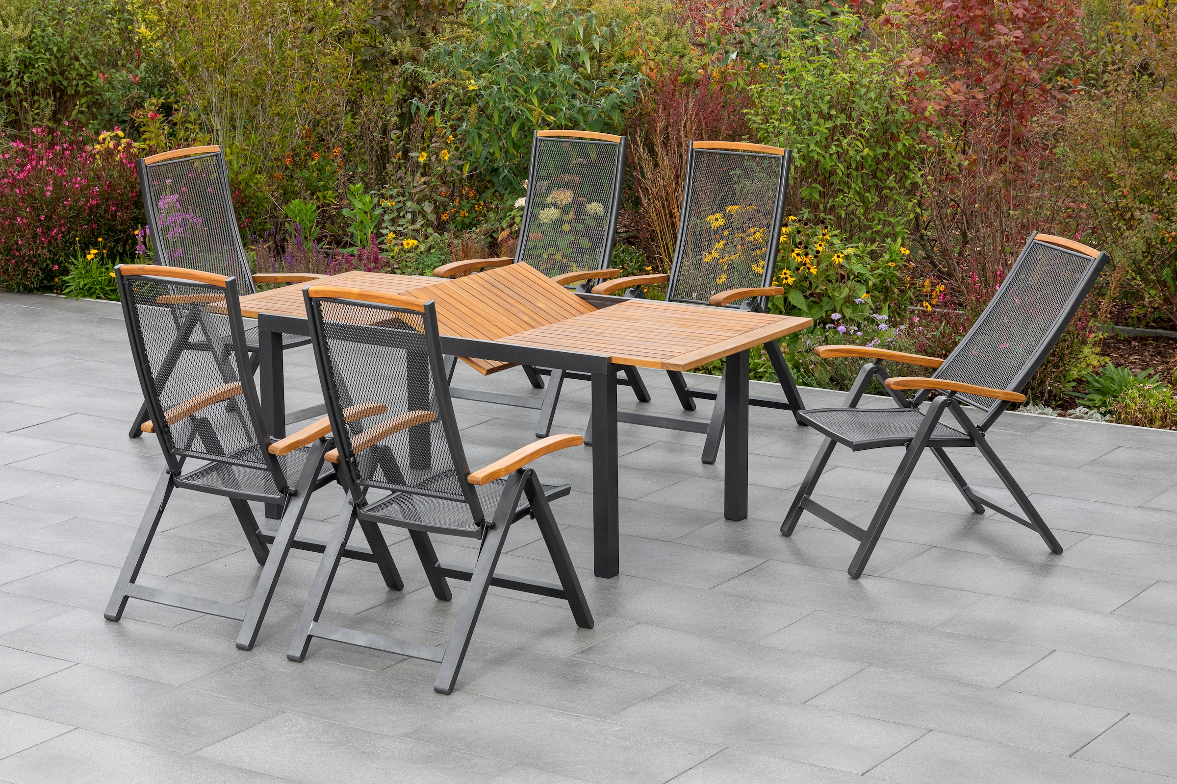 MERXX Garten-Essgruppe »Tilos« 7 Stk. tlg. 6 Klappsessel mit ausziehbarem Tisch