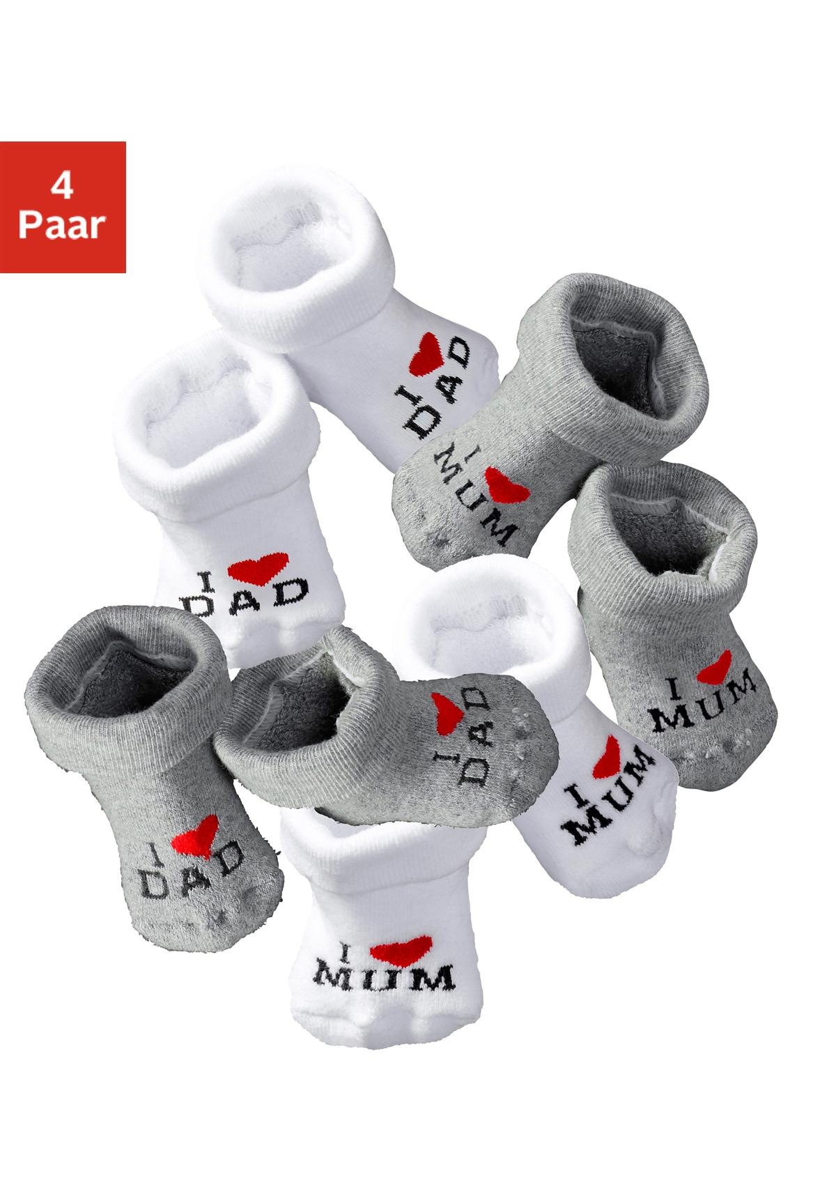Vivance Umschlagsocken "Baumwollsöckchen für Neugeborenen, Baby, Kinder, Home Socken Geschenk" Packung, 4 Stk. tlg. mit Umschlagbündchen mit eingestricktem Spruch