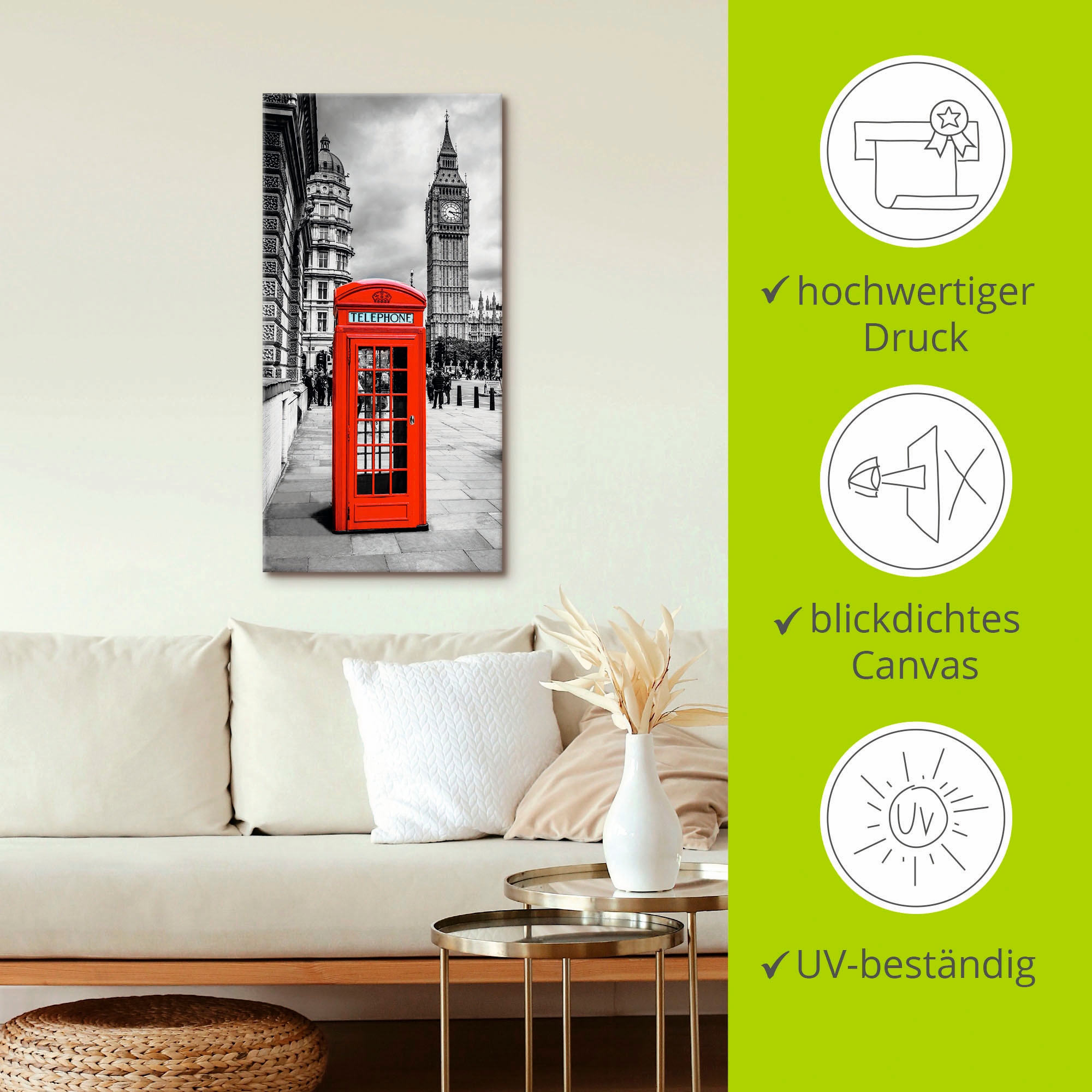 Artland Wandbild »London Telefonzelle«, Architektonische Elemente, (1 St.), als Alubild, Outdoorbild, Leinwandbild in verschied. Größen