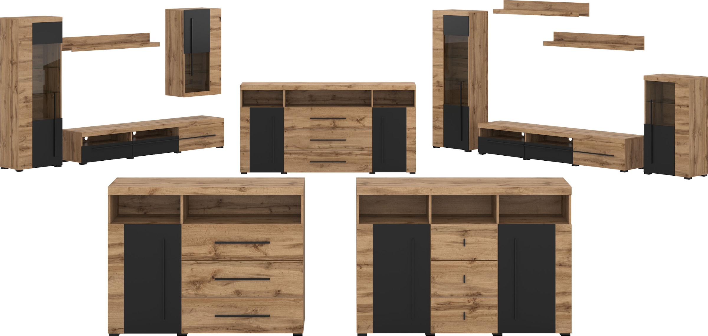 INOSIGN Wohnwand »Roger,Breite 255 cm moderne Mediawand ohne Beleuchtung«, (Set, 4 St.), Anbuwand (Set,4-St) viel Stauraum, Glastüren