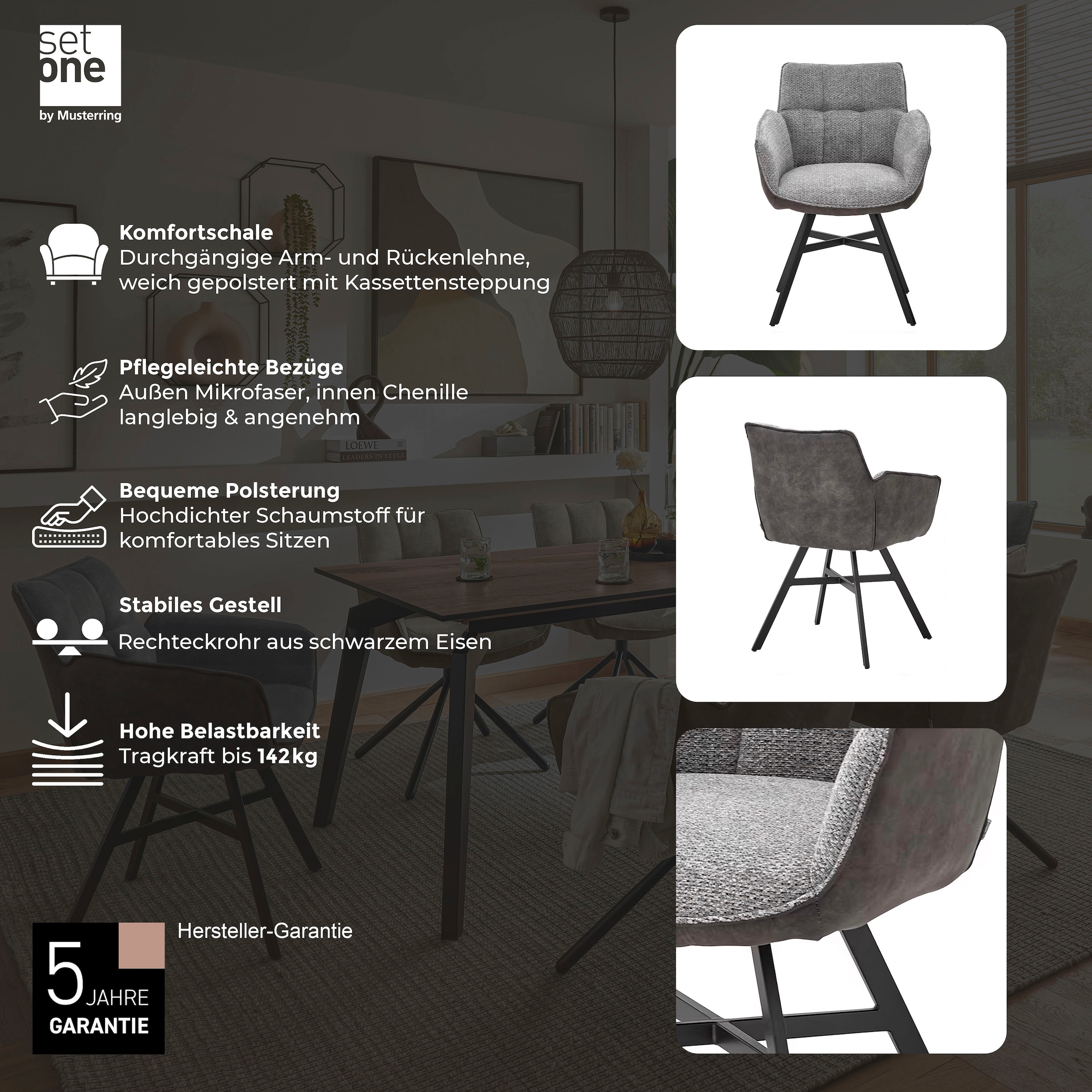 set one by Musterring Esszimmerstuhl »Frisco-B«, (Set), 2 St., Microfaser-Chenille, Bezug innen Chenille und außen Microfaser, Vierfuß-Gestell schwarz