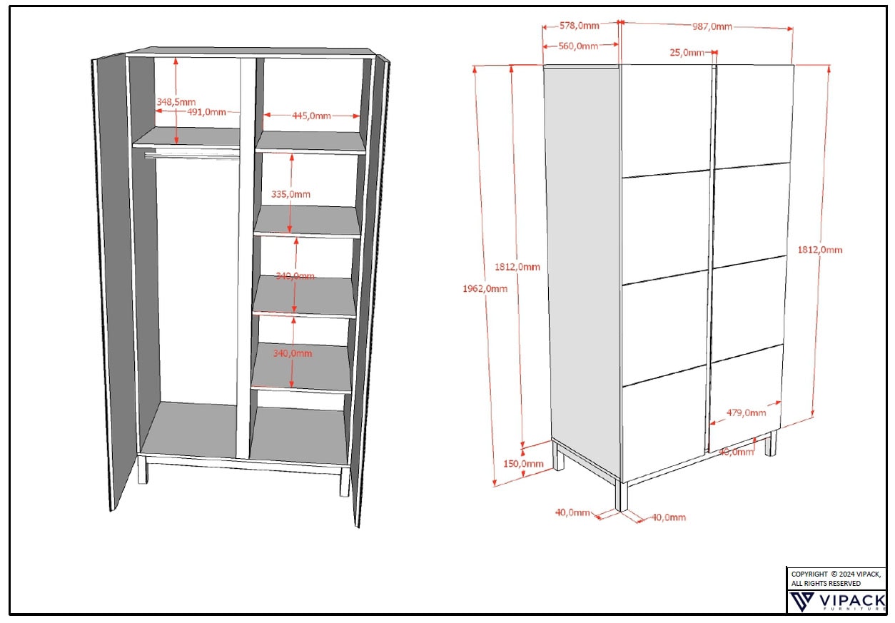 Vipack Kleiderschrank »in modernem Design, Türen mit Profilfräsung, pflegeleichter Oberfläche«, mit 2 Drehtüren inkl. Soft-Close, Wäschefächer, Ausf. weiß lackiert