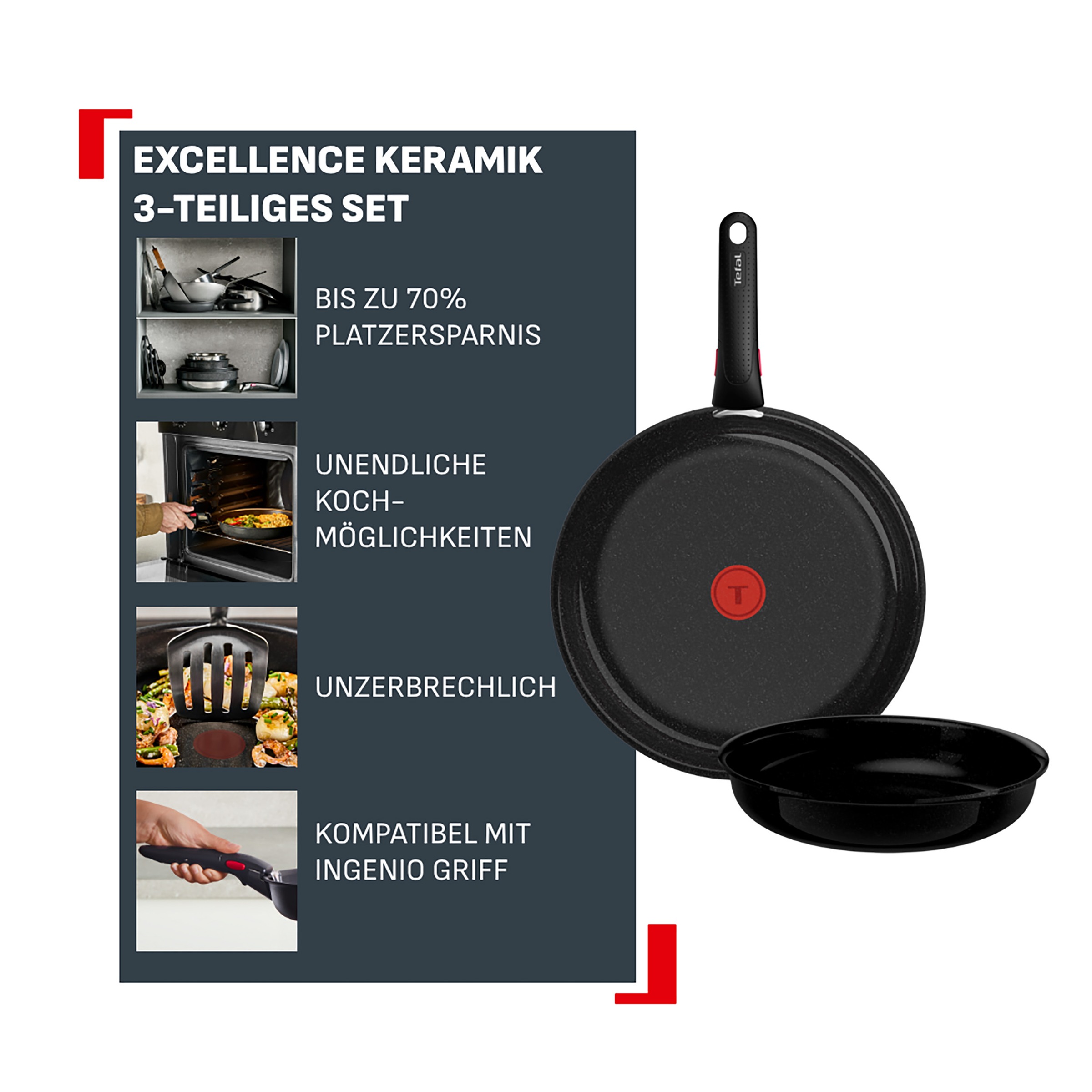 Tefal Pfannen-Set »Ingenio Excellence Keramik« Aluminium Set, 3 tlg. abnehmbarer Ingenio-Griff, Thermo-Signal, stapelbar, Induktion