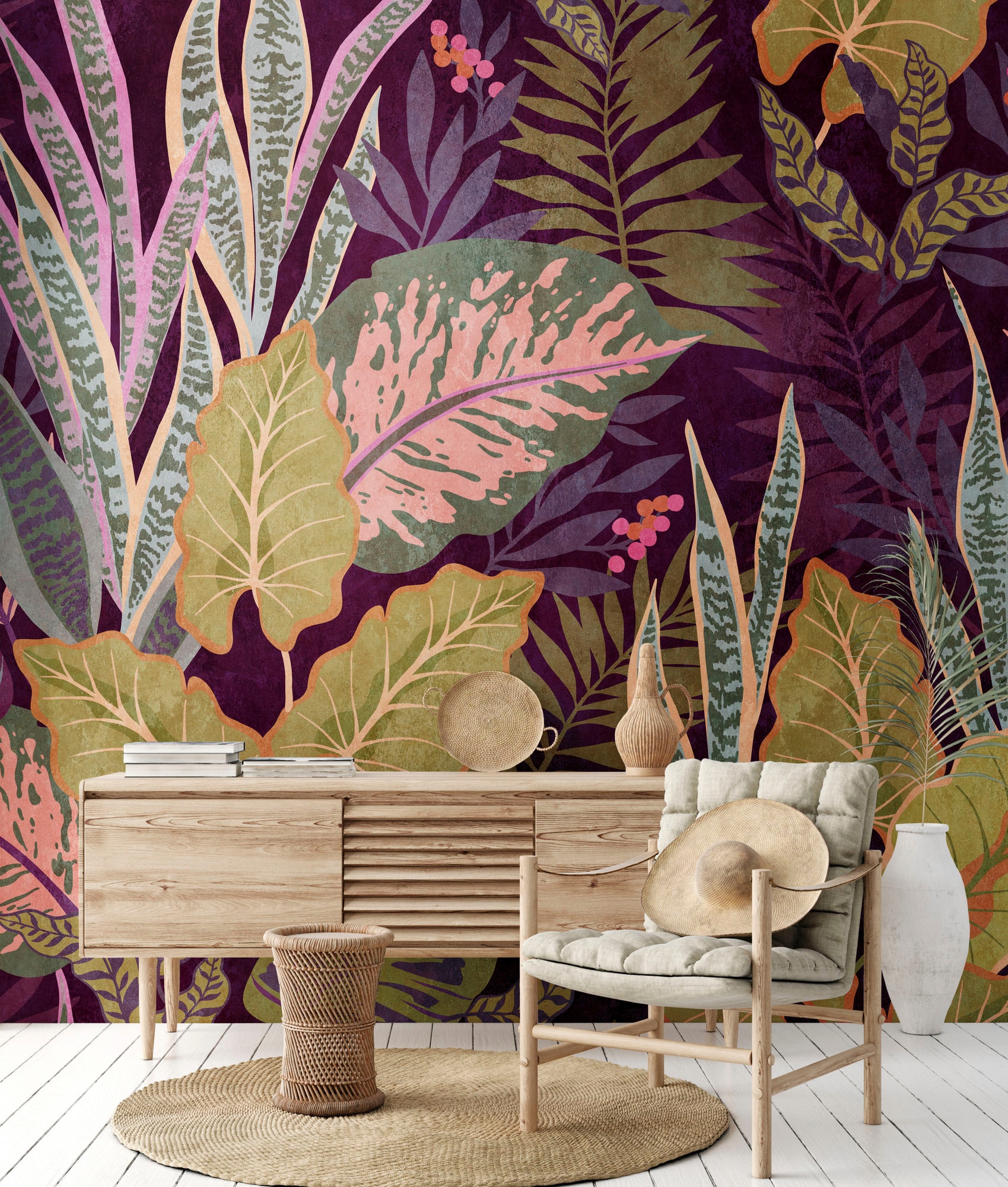 living walls | botanisch-natürlich-floral, BAUR Fototapete Fototapete Grün »The auf Lila Rechnung Beige Floral Wall«, Dschungel Tapete
