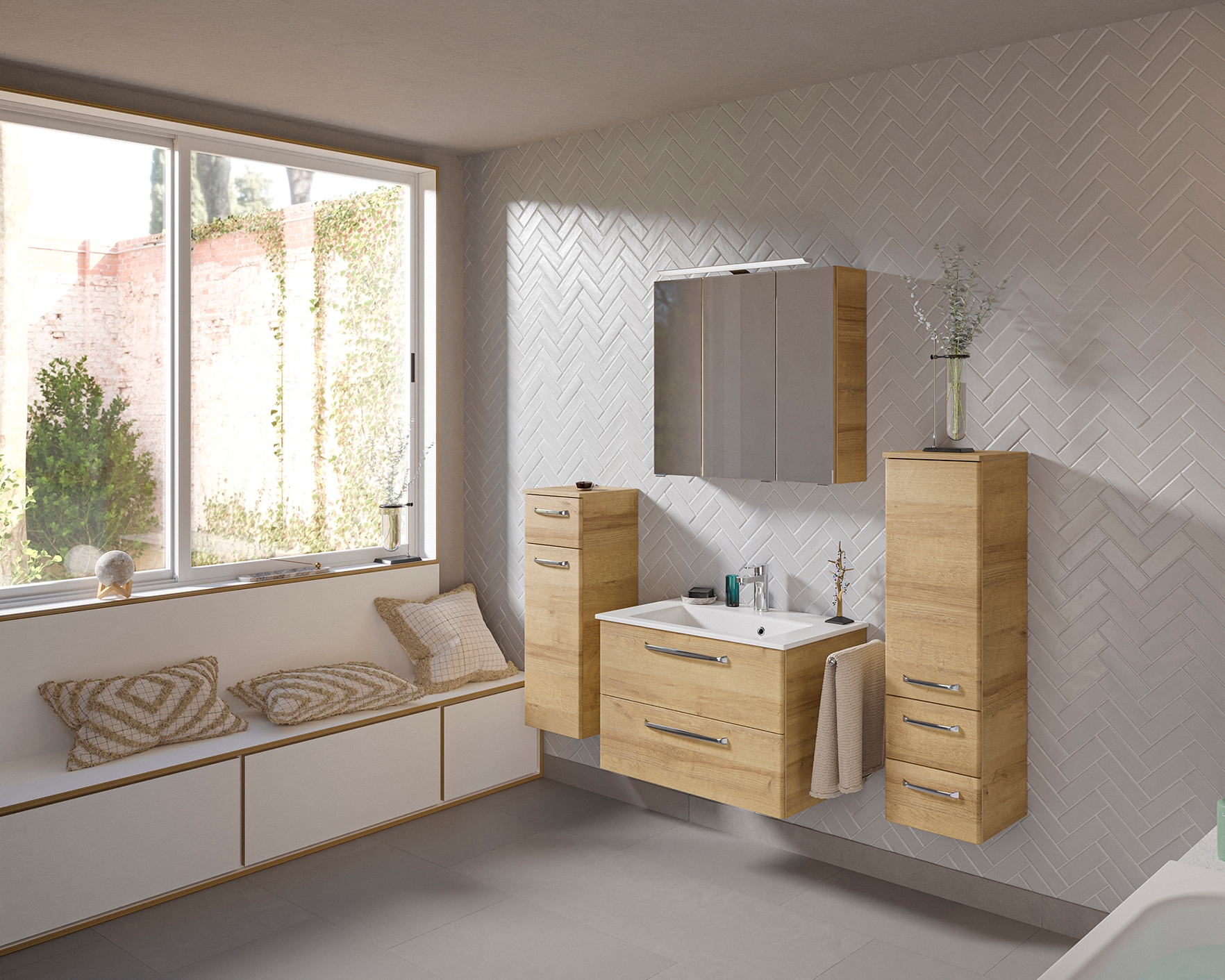 Saphir Badmöbel-Set »Badmöbel-Set Trentino 4-tlg Mineralmarmorwaschtisch,LED-Spiegelschrank«, (5 St.), Badezimmer-Set mit Midischrank und Unterschrank inkl. Türdämpfer