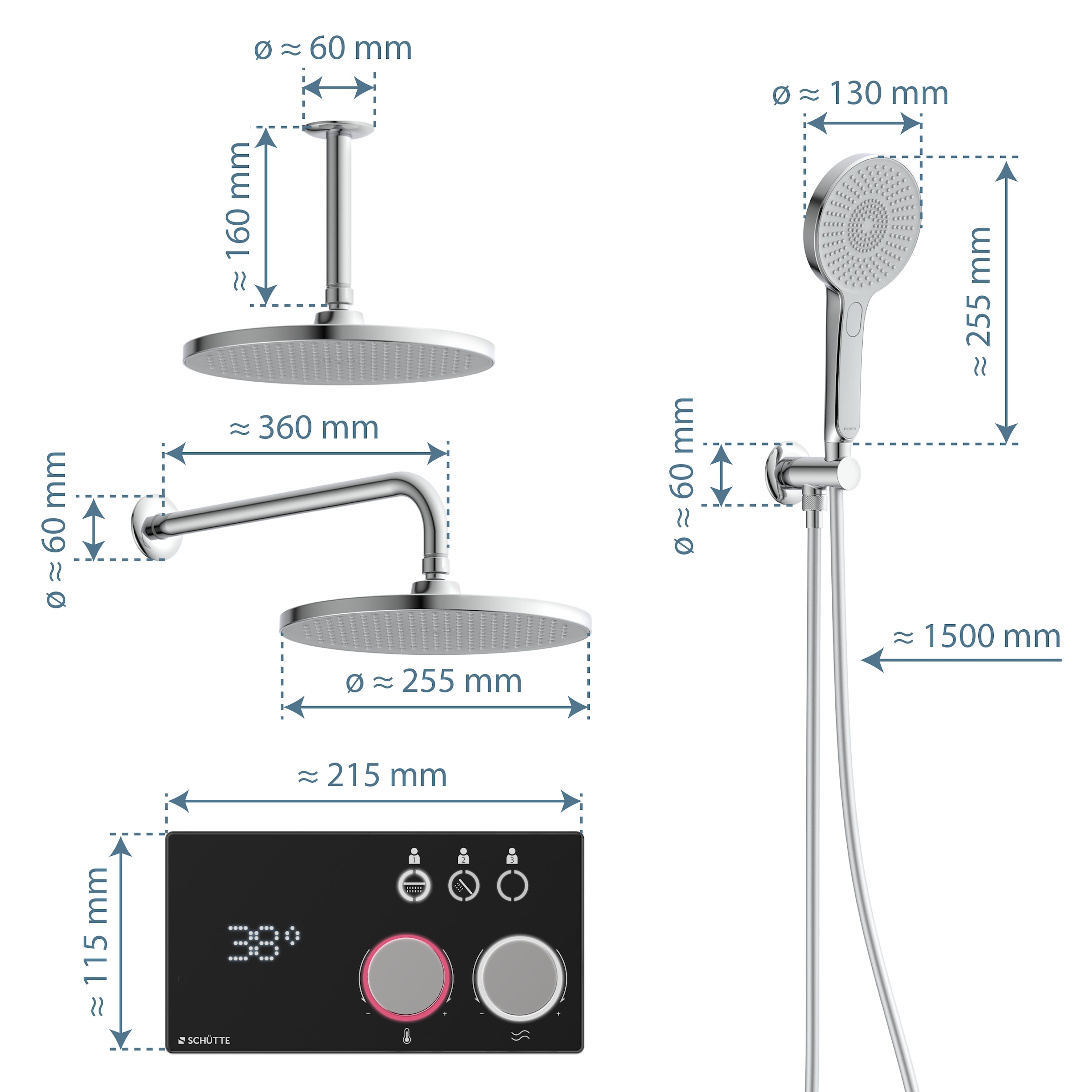 Schütte Brausegarnitur »AQUADOT«, Überkopfbrauseset mit digitalem Duschsystem