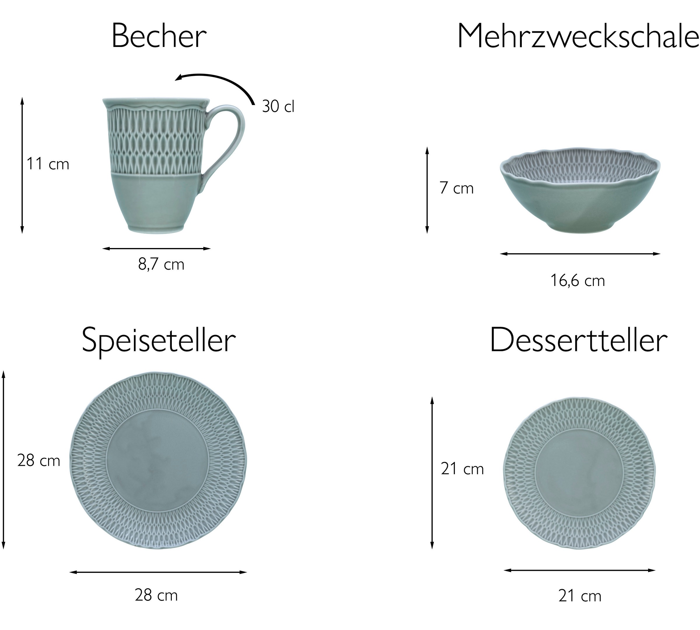 CreaTable Kombiservice »Geschirr-Set Sofia«, (Set, 8 tlg., Kaffeeservice und Tafelservice im Set, für 2 Personen), Service, klassisch elegantes Relief, 8 Teile, für 2 Personen