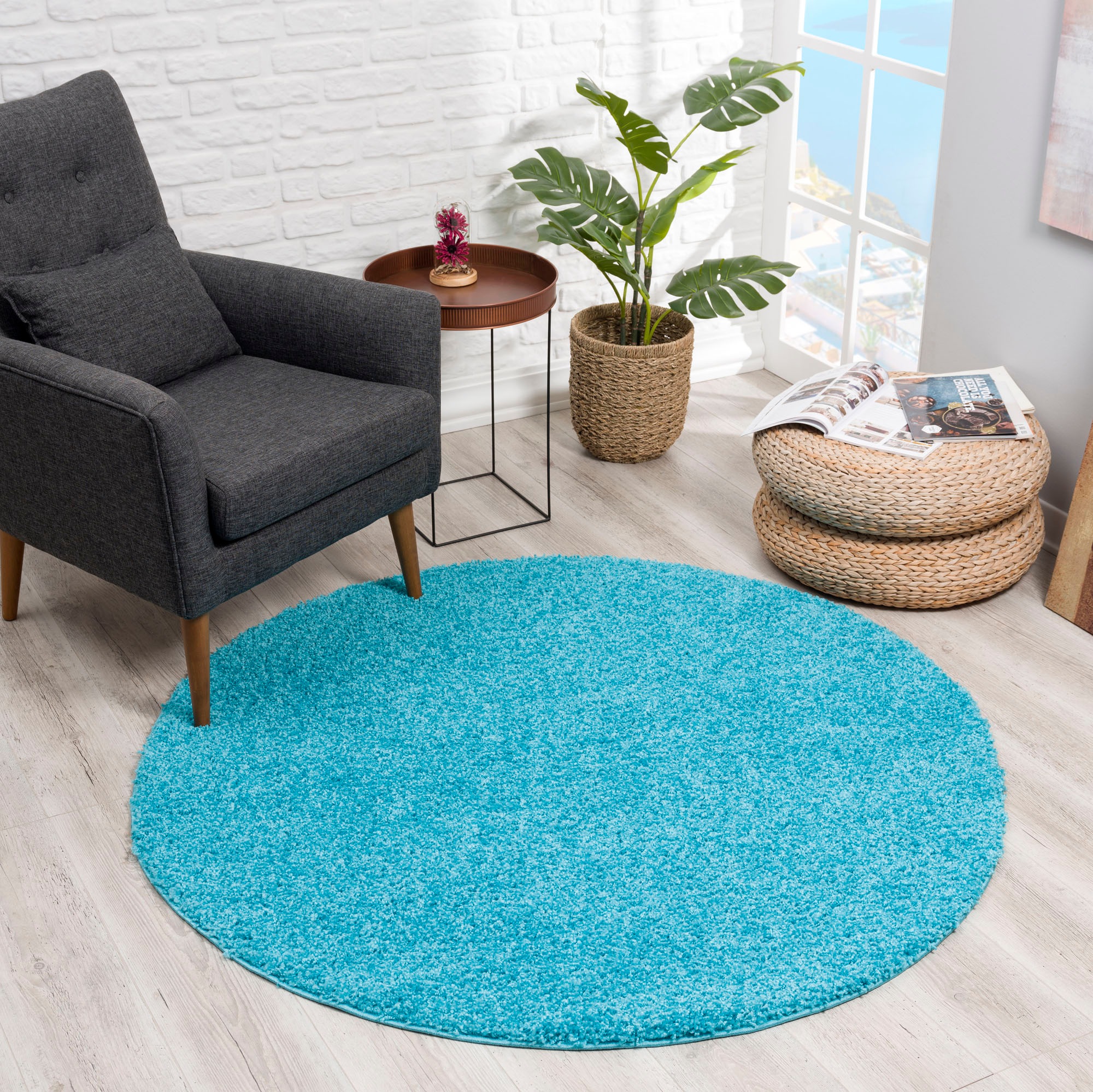 Hochflor-Teppich SANAT "LOCA", blau (aquablau), H:30mm Ø:200cm, Kunstfaser, Teppiche, Wohnzimmer, Langflor, Shaggy, Schlafzimmer 3