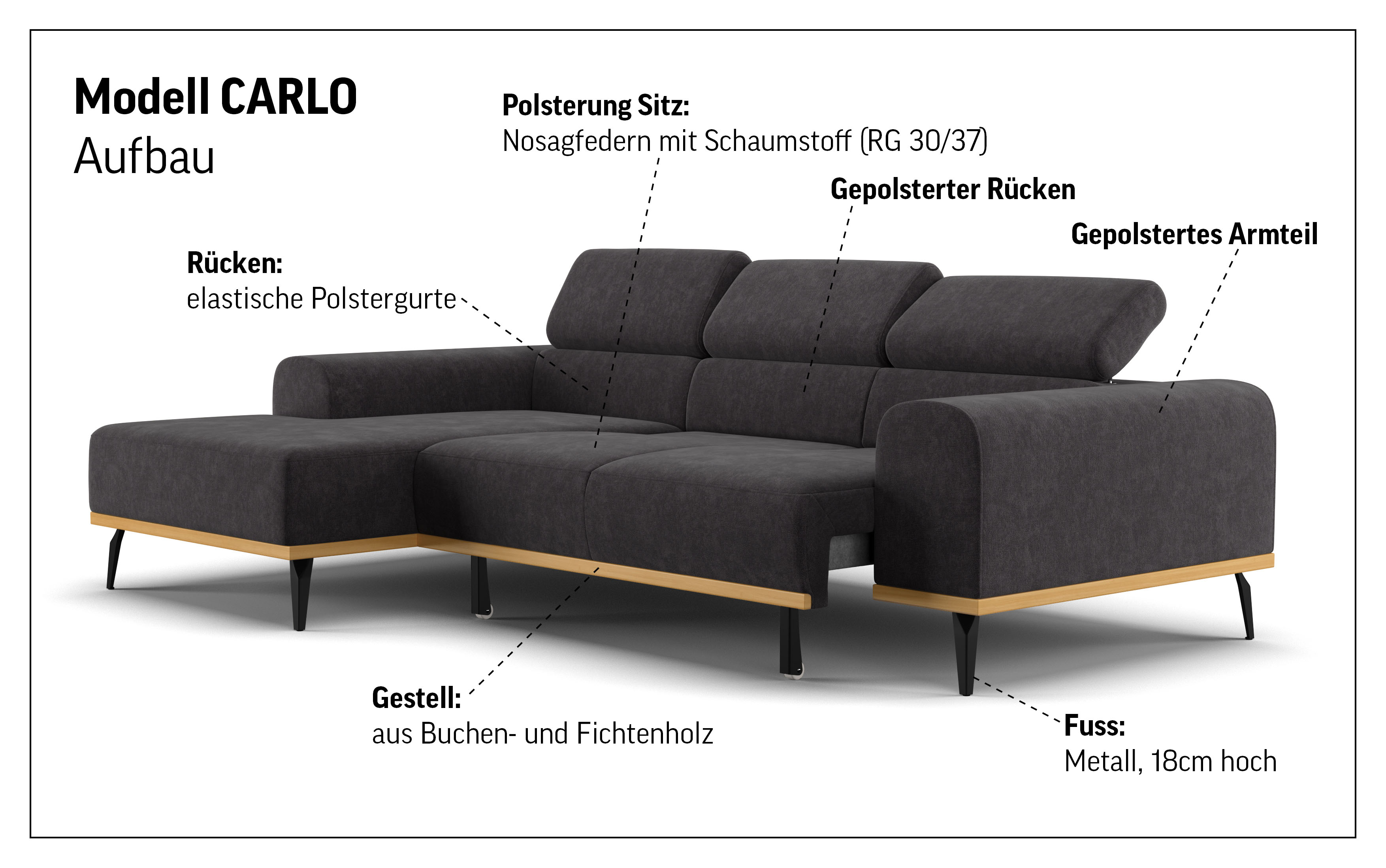 Thumbnail - PLACES OF STYLE Ecksofa "Carlo L-Form" mit Kopfteilverstellung & Holz-Rahmenoptik, wahlweise Relaxfunktion