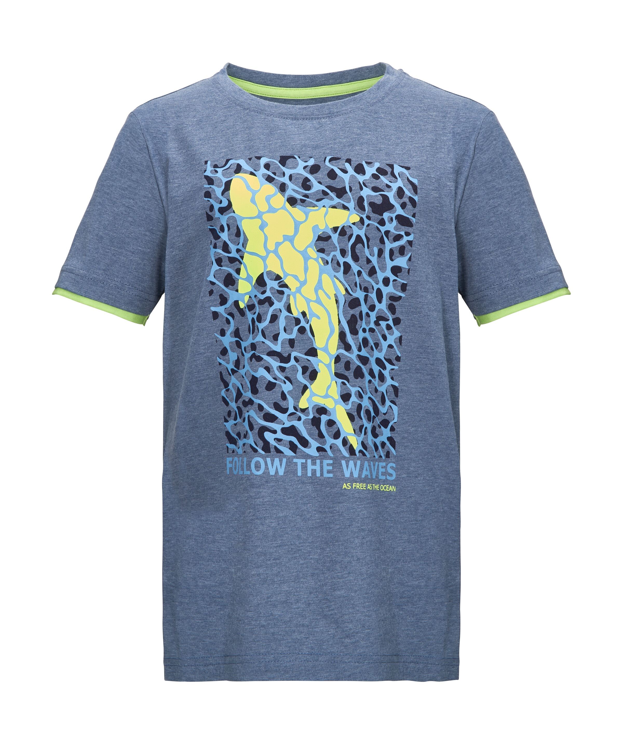 T-Shirt KILLTEC "KOS 132 BYS TSHRT", Jungen, Gr. 140, dunkelblau, Obermaterial: 65% Polyester, 30% Baumwolle, 5% Elasthan, Rundhals, Shirts T-Shirt, Cooles Hai-Print T-Shirt, farbige Ärmelsäume, ideal für Sommer
