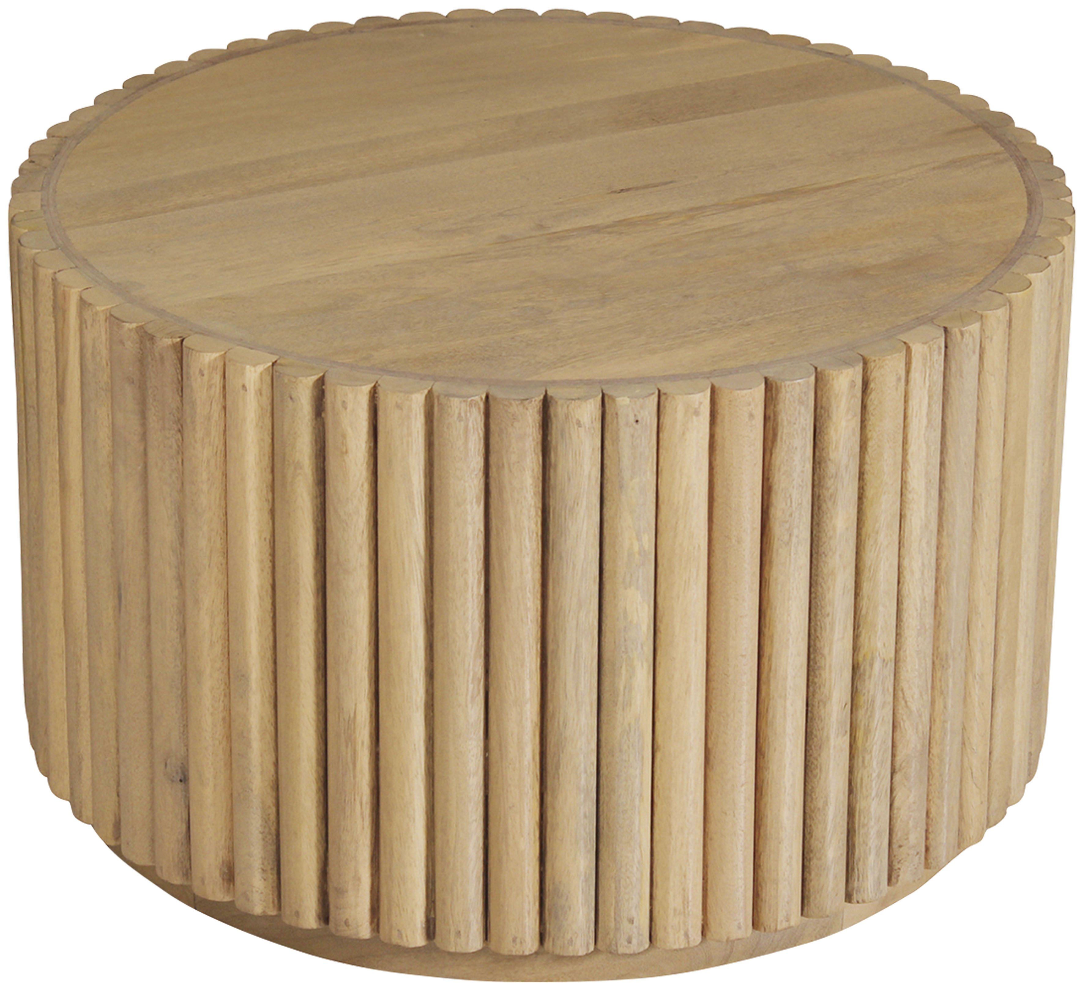 SIT Couchtisch "Vasto rund aus massivem Mangoholz mit extravagantem Ribbed-Look" Rundes Lamellendesign mit markantem Säulenfuß und 3 cm Sockel