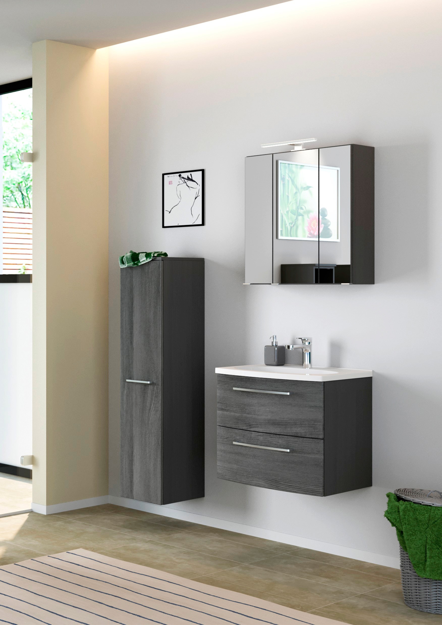welltime Badmöbel-Set »Catania«, (3 St.), mit 3D-Spiegelschrank und gebogenes Mineralgussbecken