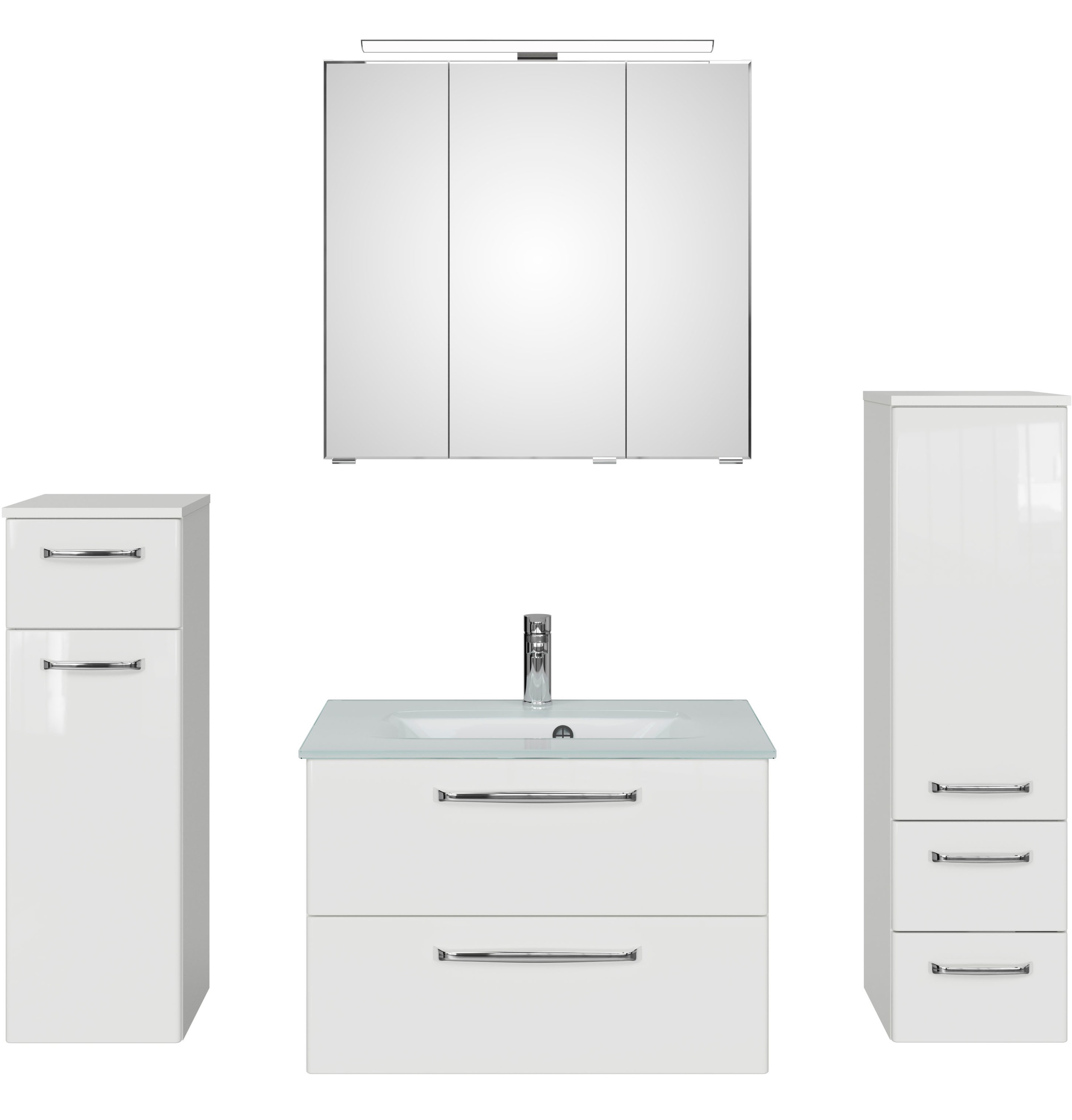 Saphir Badmöbel-Set »Badmöbel-Set Trentino 4-teilig Glas-Waschtisch mit LED-Spiegelschrank«, (5 St.), Badezimmer-Set mit Midischrank und Unterschrank inkl. Türdämpfer