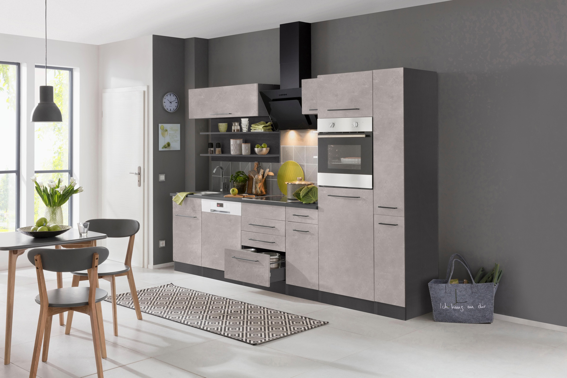 KOCHSTATION Küchenzeile »KS-Tulsa«, mit E-Geräten, Breite 270 cm, schwarze Metallgriffe, MDF Fronten