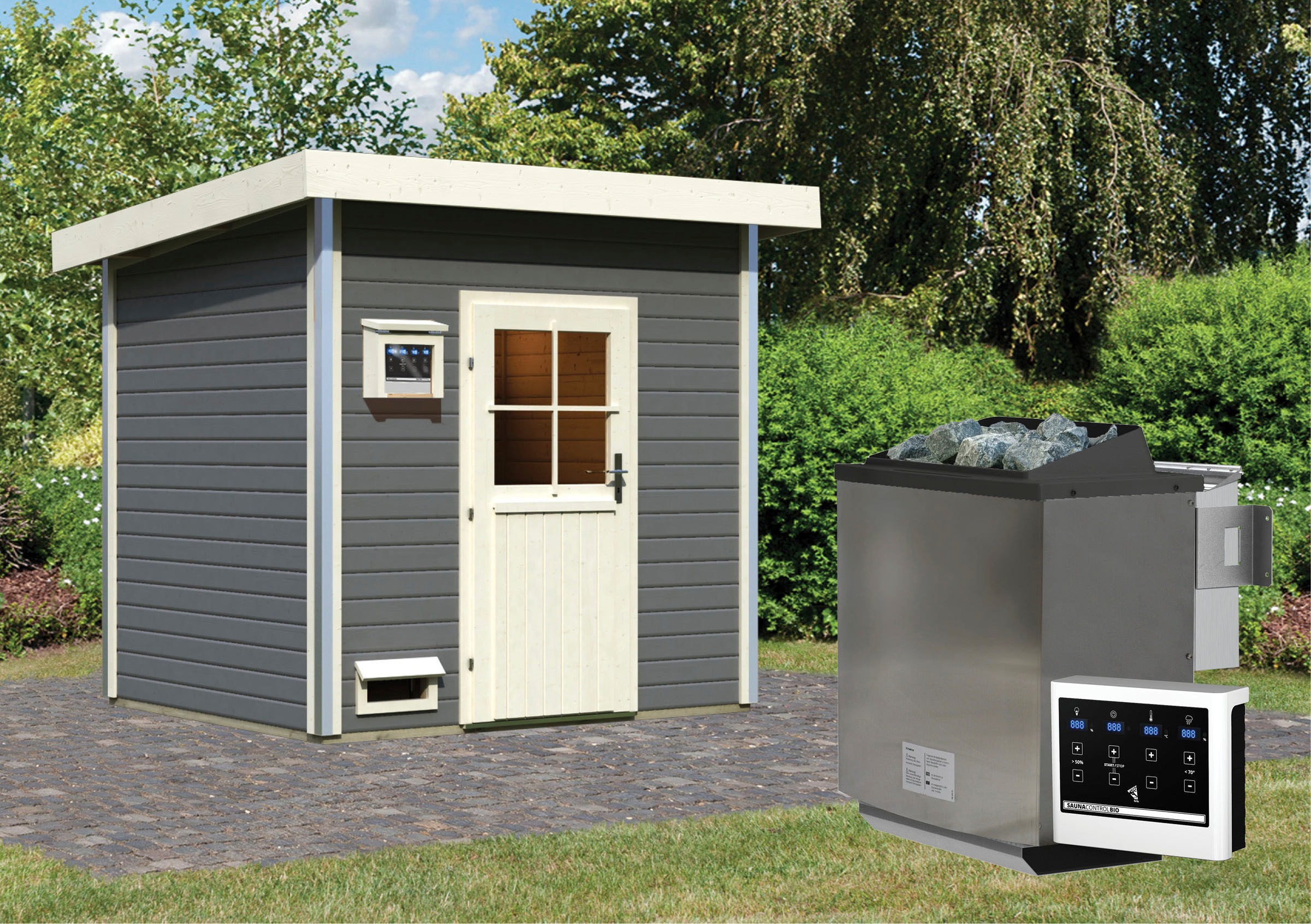 Karibu Saunahaus »Ralf«, klassiche Tür, Ofen 9 KW Bio externe Strg Easy