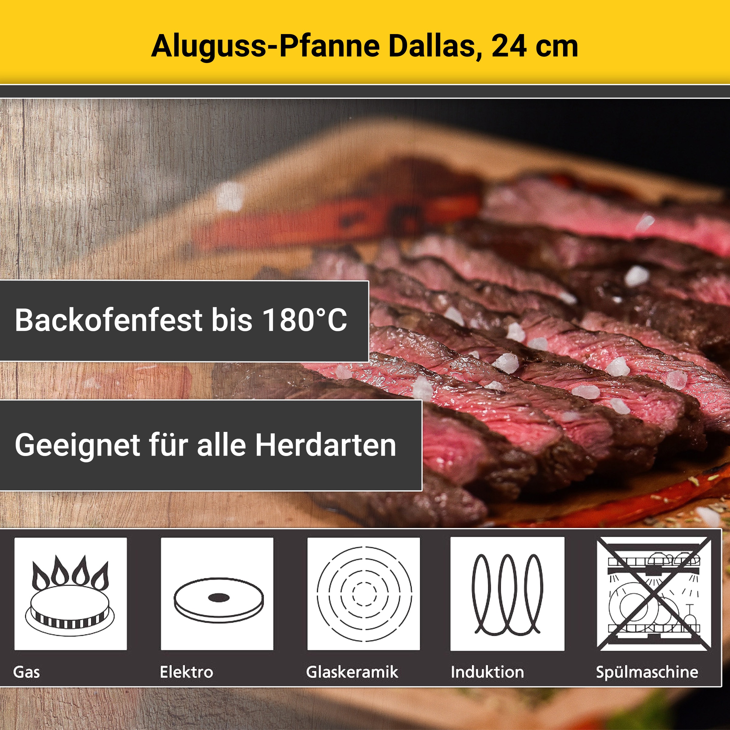 Krüger Bratpfanne »Aluguss Pfanne Dallas, 24 cm«, Aluminiumguss, (1 tlg.), für Induktions-Kochfelder geeignet