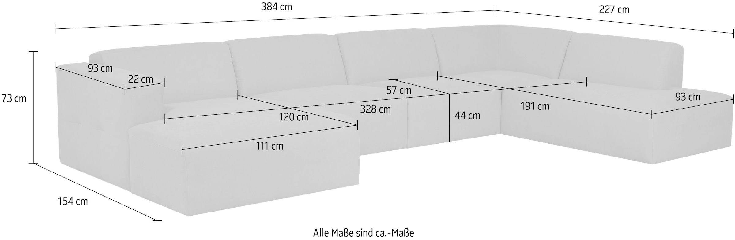 INOSIGN Wohnlandschaft »Kelani, 384 cm, U-Form, XXL«, mit dekorativer Knopfsteppung an den Armlehnen, Breite 384 cm