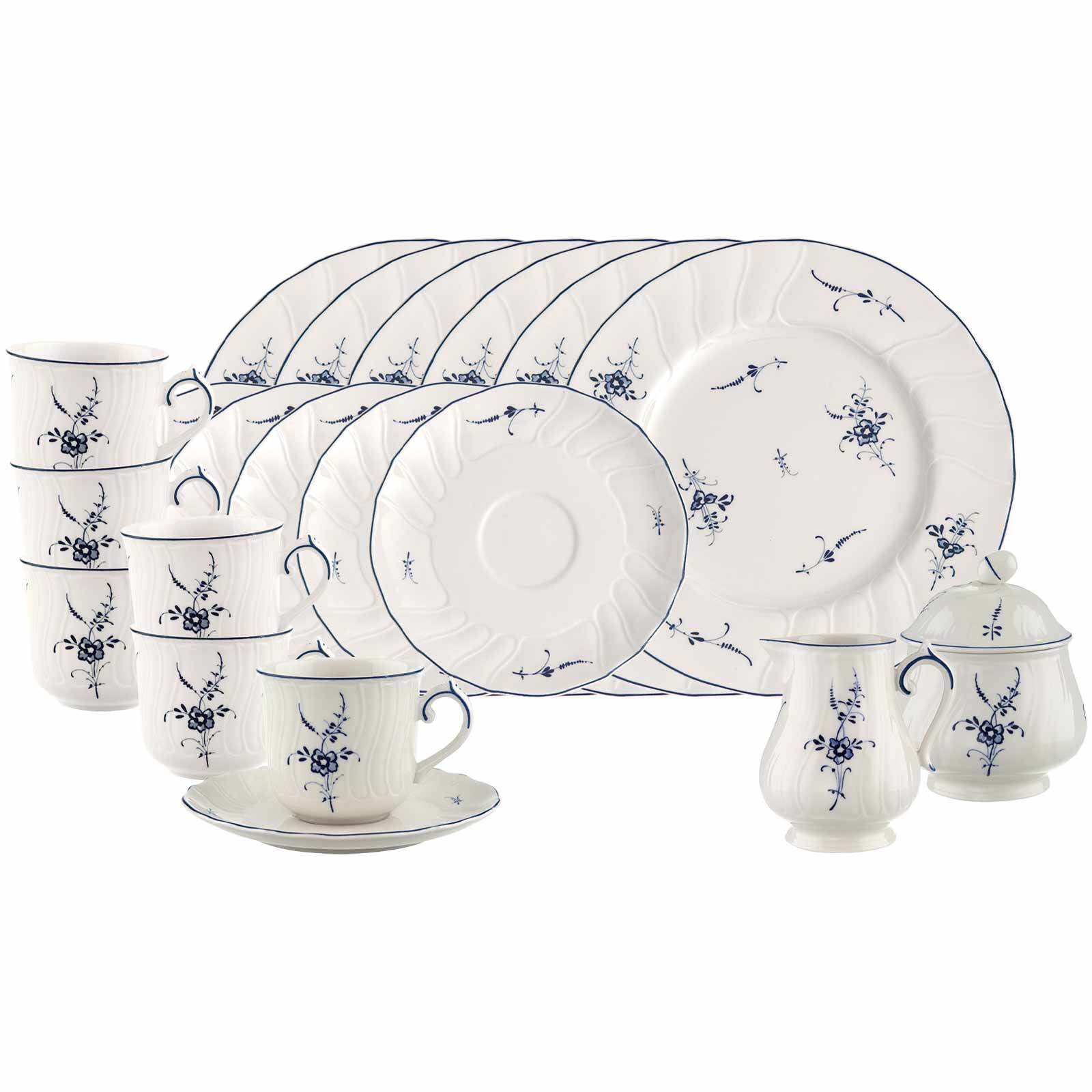 Villeroy & Boch Geschirr-Set "Kaffeeservice Vieux Luxembourg 20er Set weiß-blau" Spülmaschinengeeignet, Mikrowellengeeignet