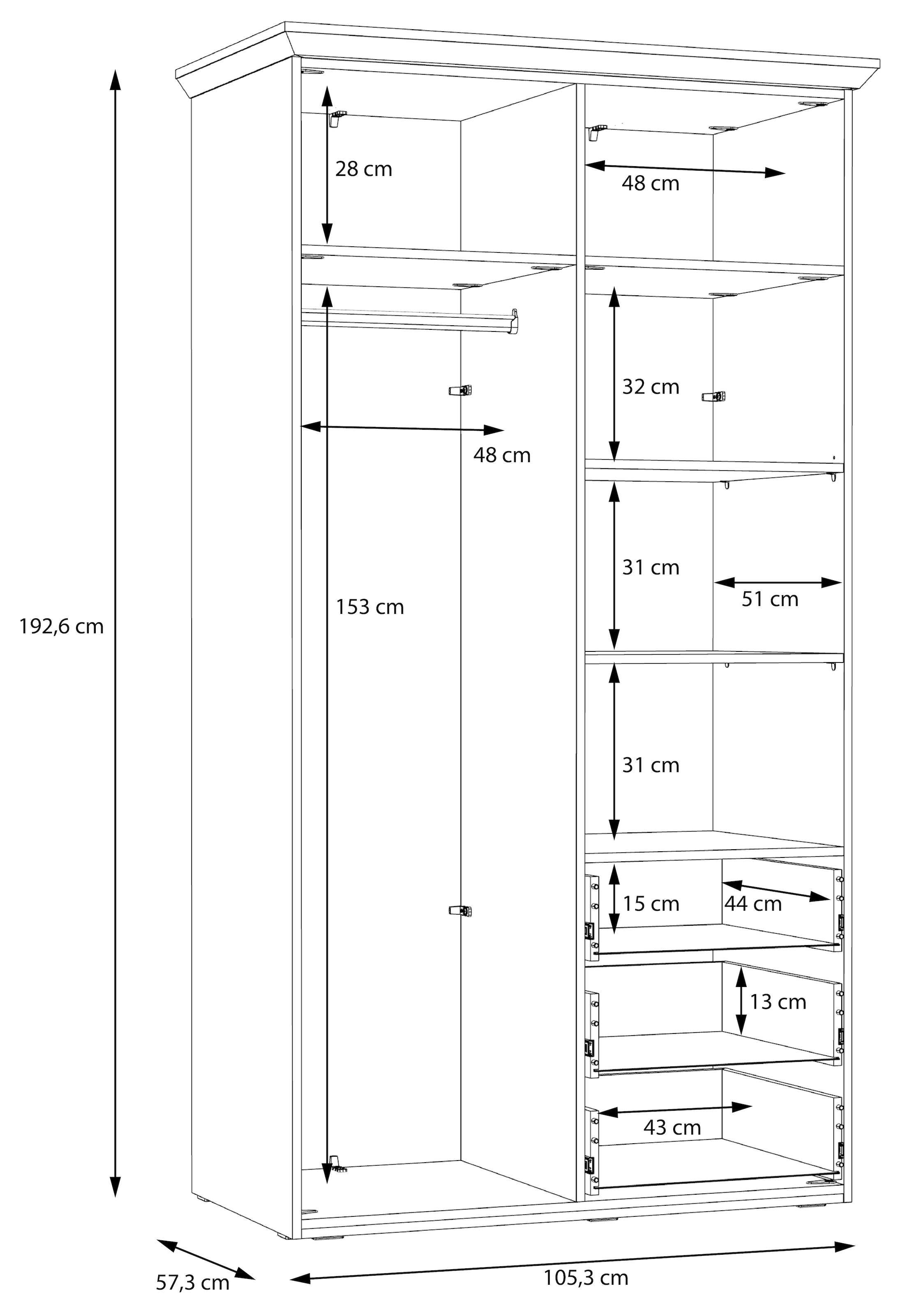 FORTE Kleiderschrank »Iloppa«, (Maße: B/H/T ca. 155x192,6x57,3 cm), im Landhausstil