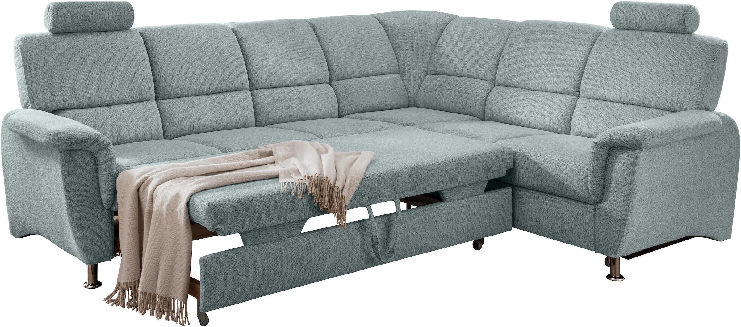 Home affaire Ecksofa »Pisa L-Form, mit Schlaffunktion, Stauraum, 2x höhenverstellbare«, Kopfstützen und Relaxfunktion im Eckelement