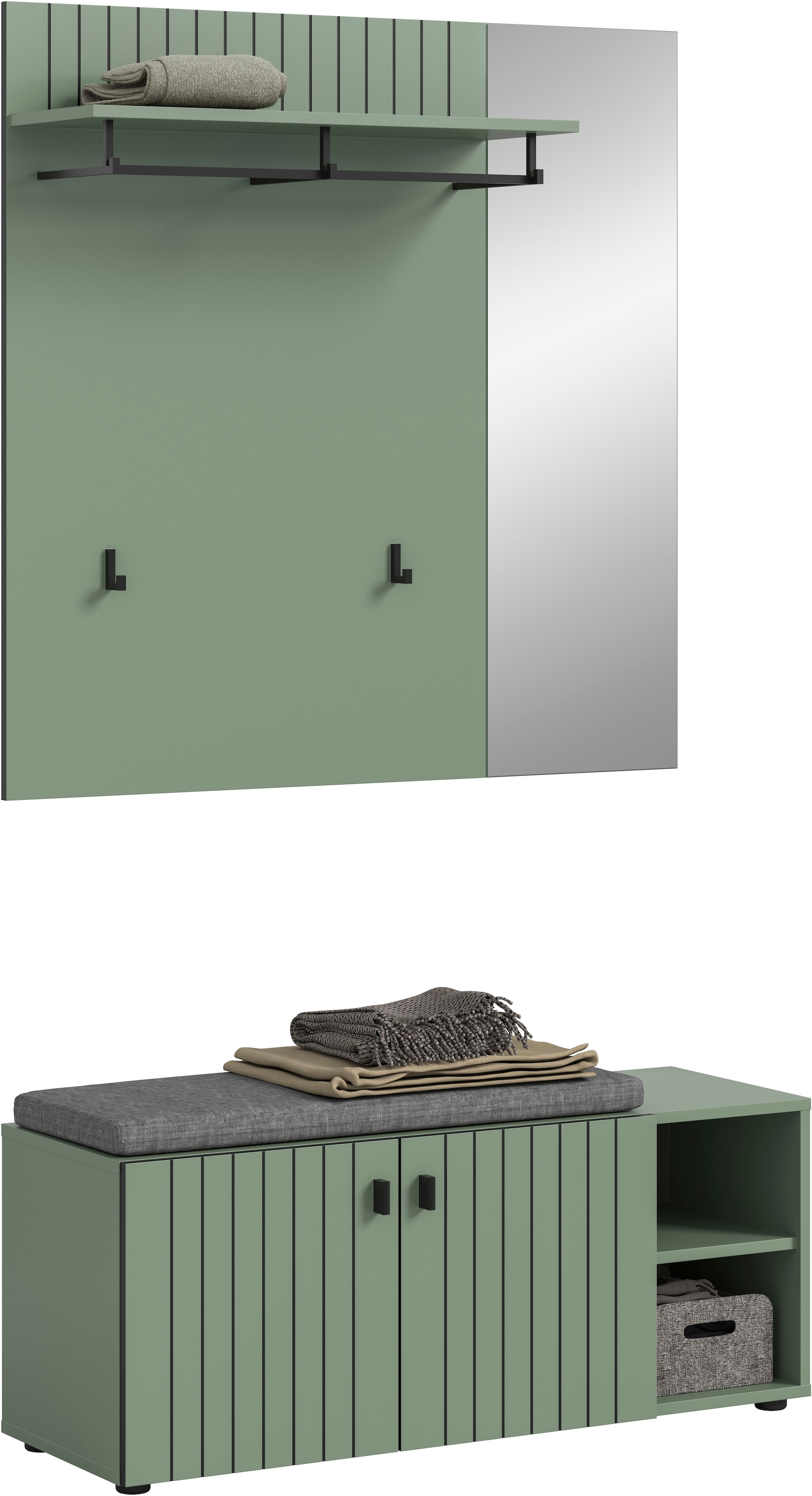 INOSIGN Garderoben-Set »TATIO, 3-tlg. Garderobenkombination, Breite: 106 cm, Rillenfräsung« Set, Set, best. aus: 1Paneel, 1 Garderobensitzbank inkl. Kissen, 3 Stk. tlg.