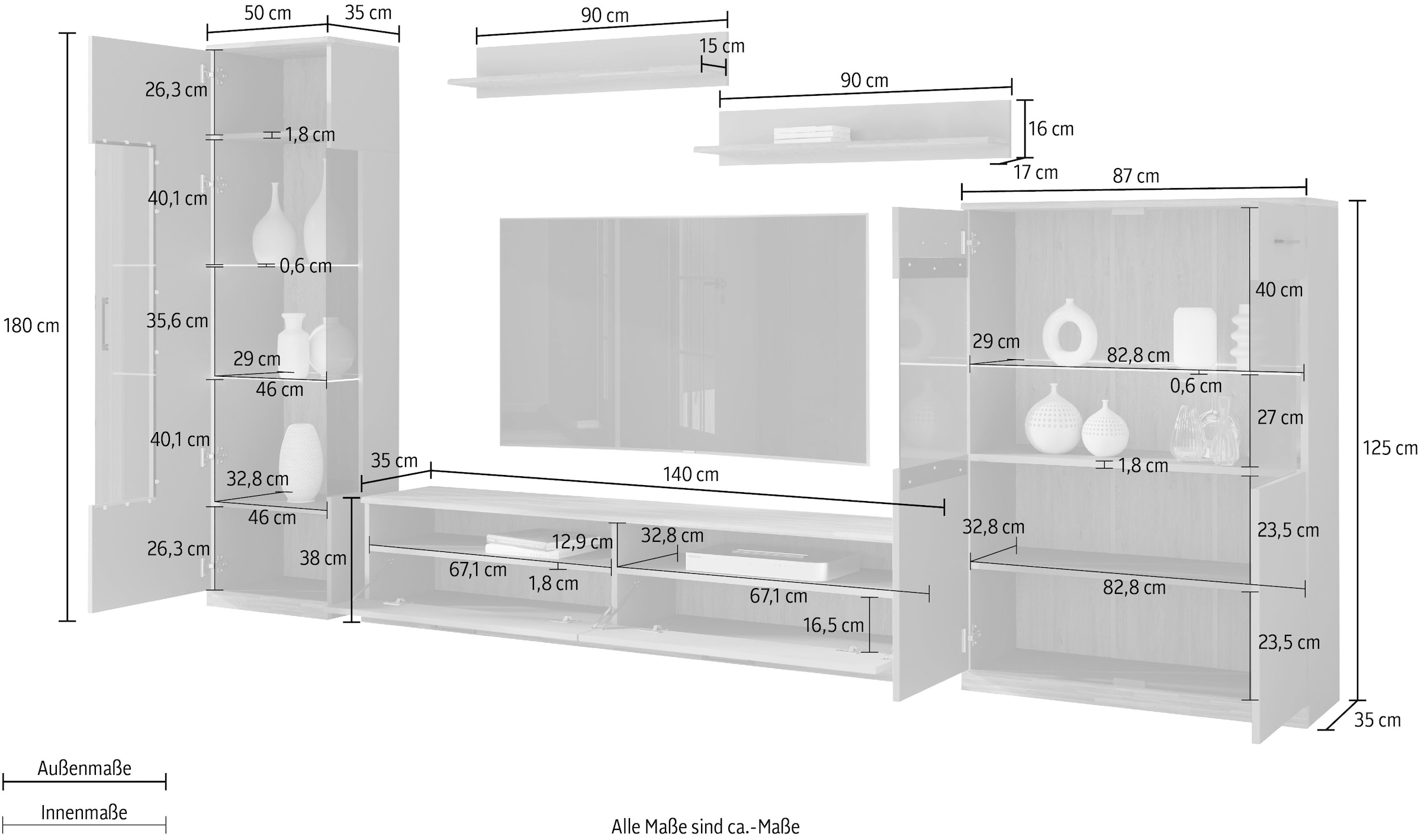 Home affaire Wohnwand »Ribe,Set-5 St.,Oberplatten Eiche massiv,viel Stauraum«, (5 St.), Glaseinsatz aus gehärtetem Glas,Böden teilweise versetzbar