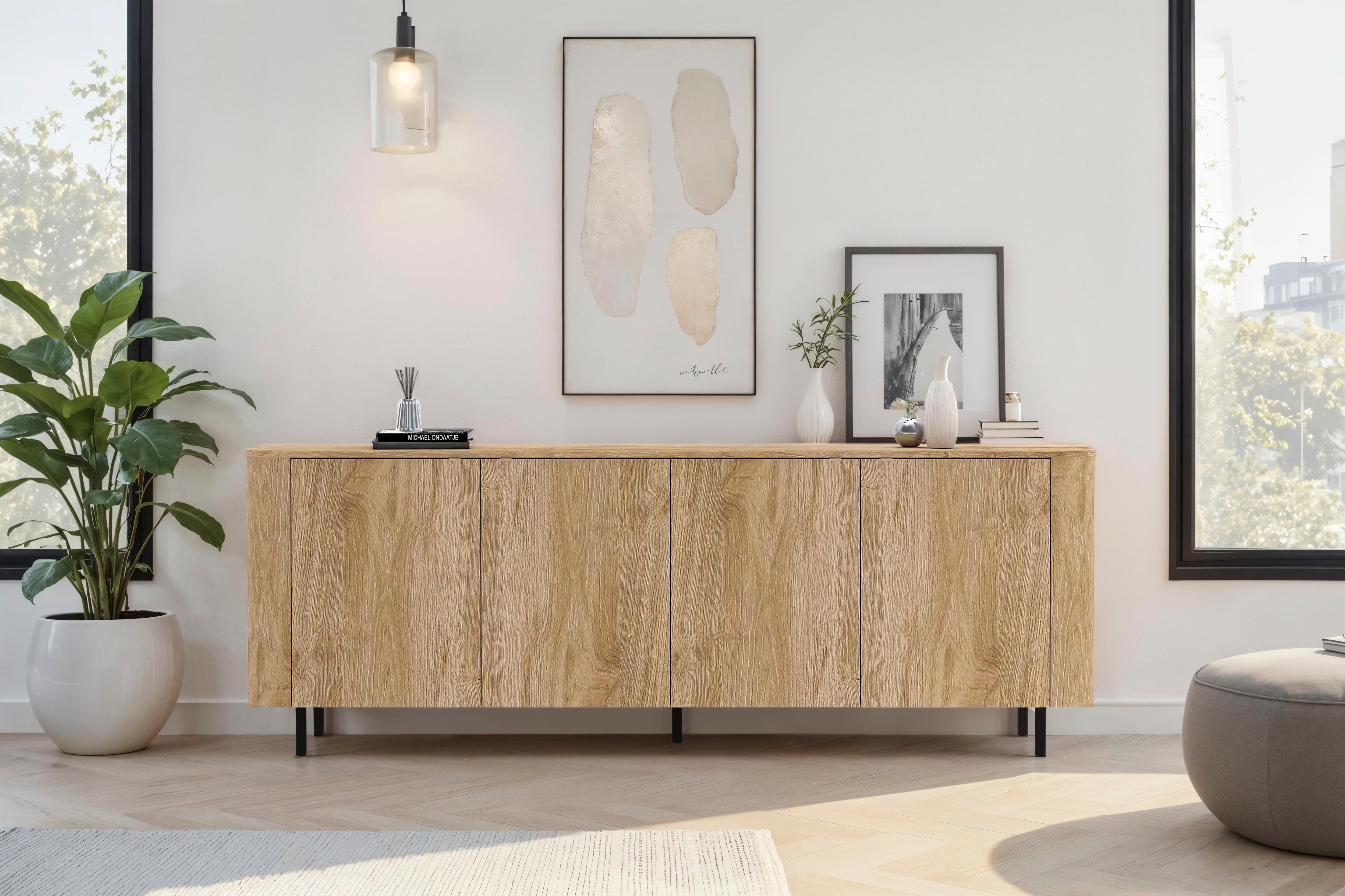 Home affaire Sideboard "Murano, 231 cm breit, 4 Türen, Anrichte, Kommode, Stauraumschrank" Formgebogenes MDF, Stirnseiten mit Rundung, Füße und Griffe aus Metall