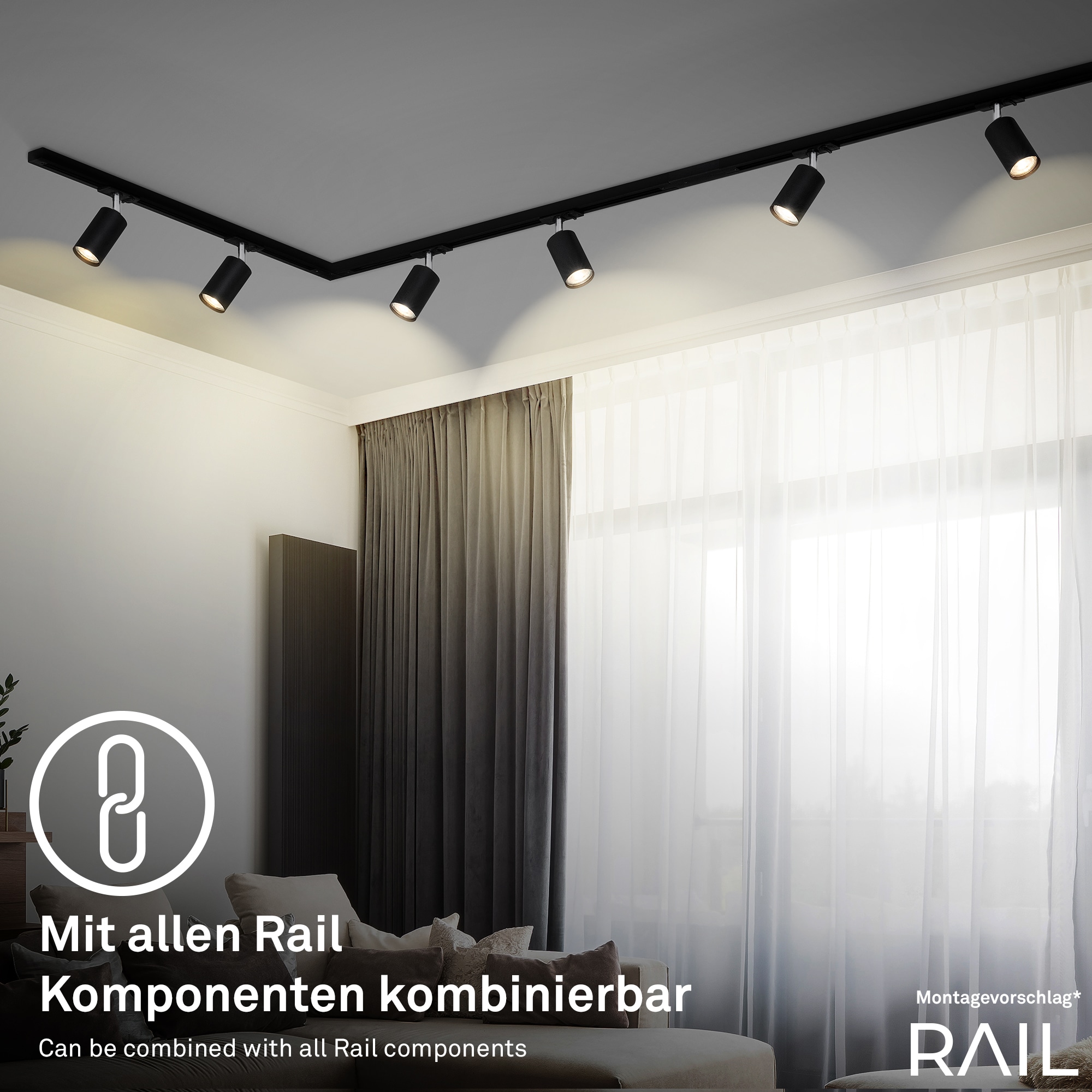 Briloner Leuchten Schienensystem-Sets »RAIL« LED-Board 7 Stk. Schienensystem Rail 1,5 m Schwarz 4,5W Decke Wohnzimmer Büro Küche