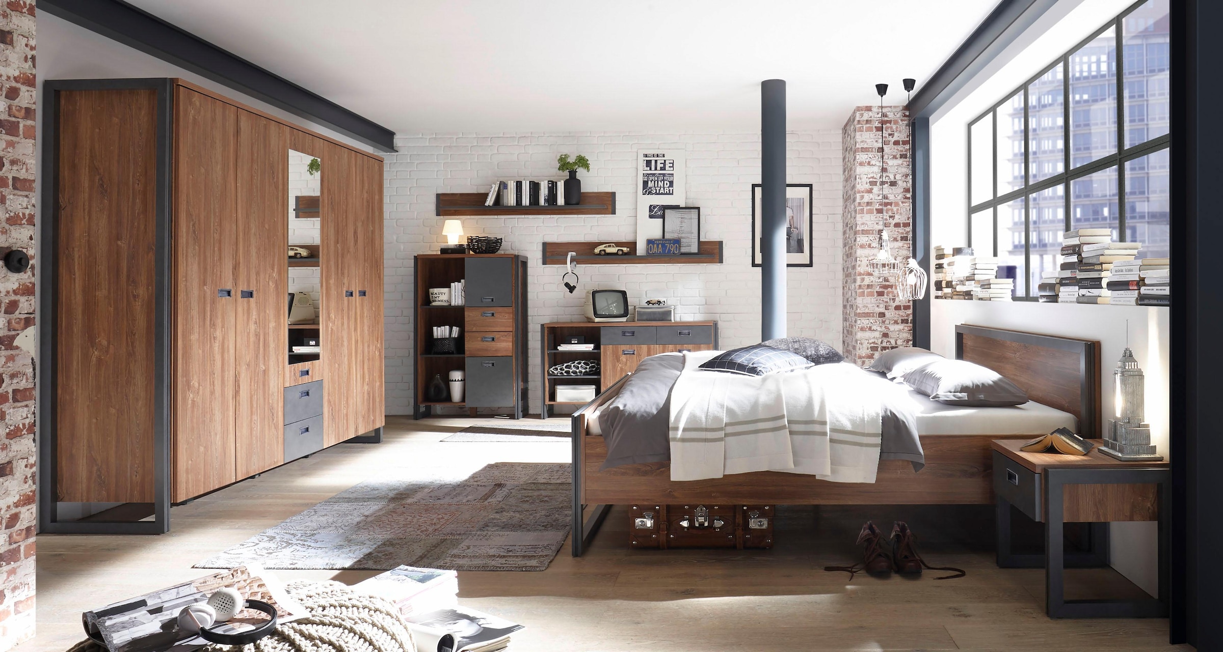 Home affaire Bett »Detroit Einzelbett im Industrial Design, Bettrahmen, Schlafzimmer«, in 3, Breiten (Liegeflächen 90/140 oder 180x200cm)