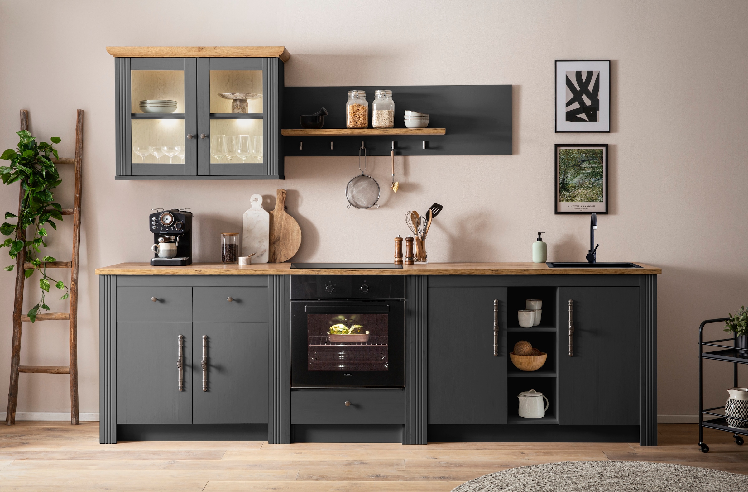 KOCHSTATION Küchenzeile »KS-Westminster, Pantryküche im Landhaus Stil, hochwertige Metallgriffe«, (Set), Breite 294 cm, Kommoden, Wandpaneel, Hängeschrank, Herdumbau
