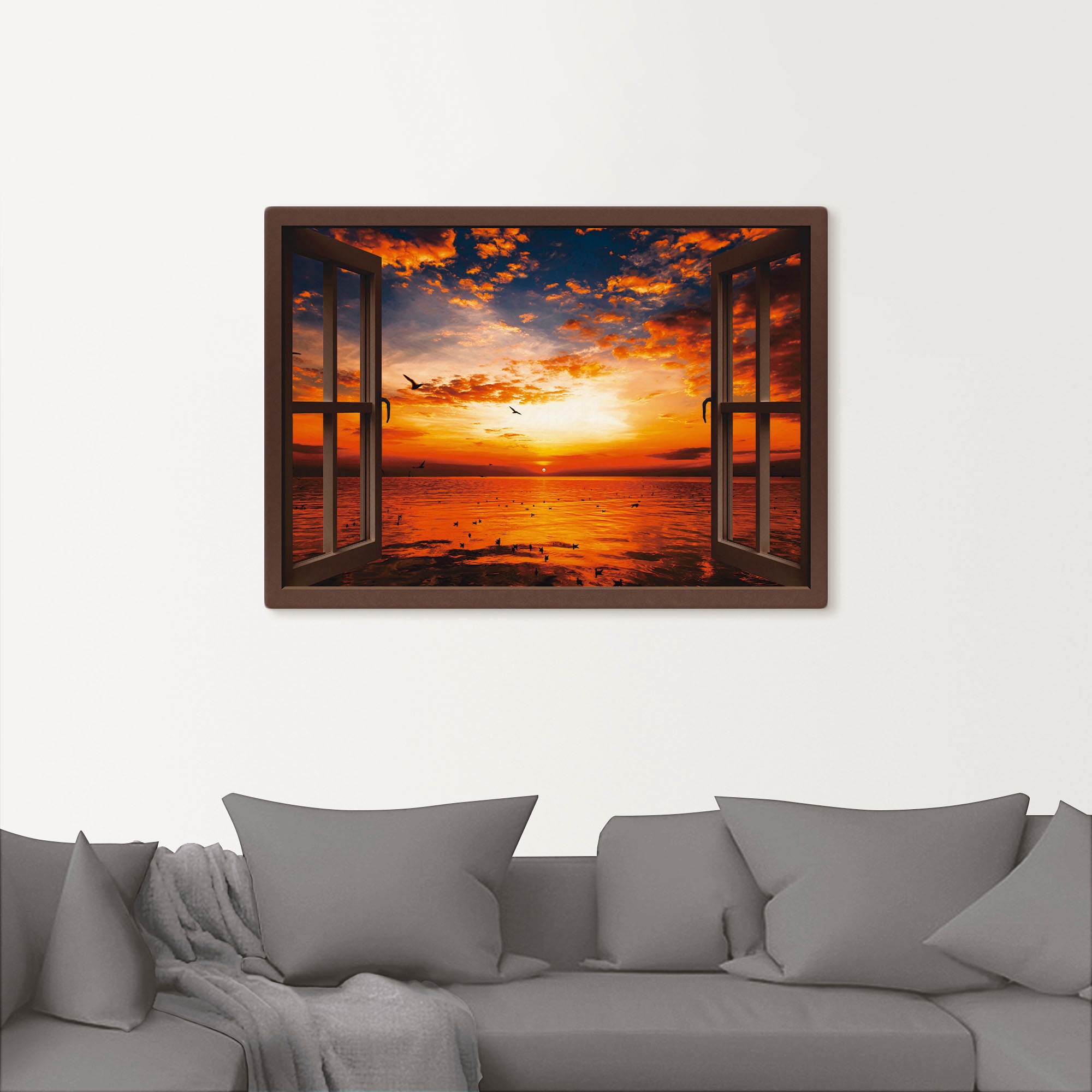Artland Wandbild »Fensterblick Sonnenuntergang am Strand«, Fensterblick, (1 St.), als Leinwandbild, Poster, Wandaufkleber in verschied. Größen