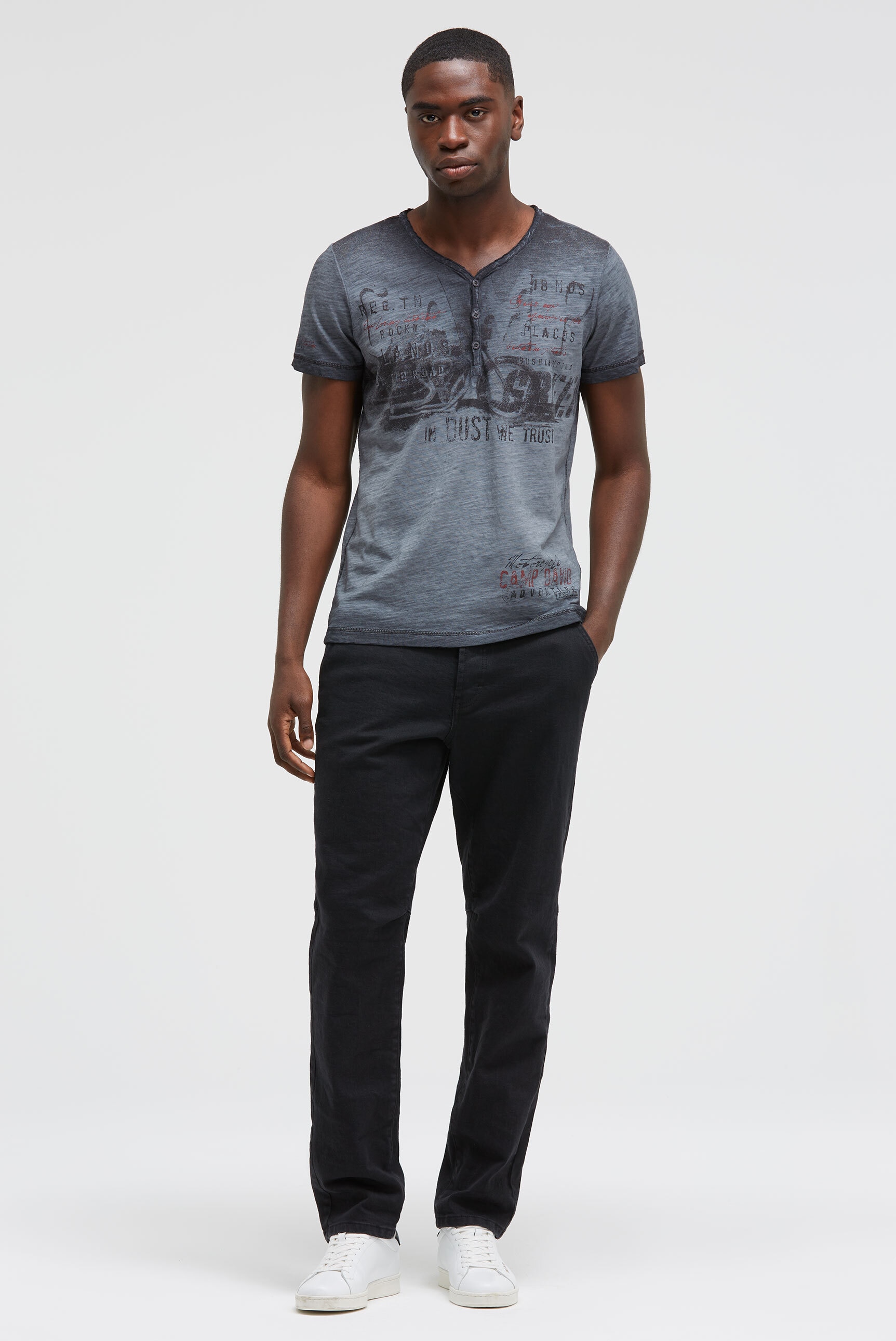 CAMP DAVID Henleyshirt mit offener Kante am Ausschnitt