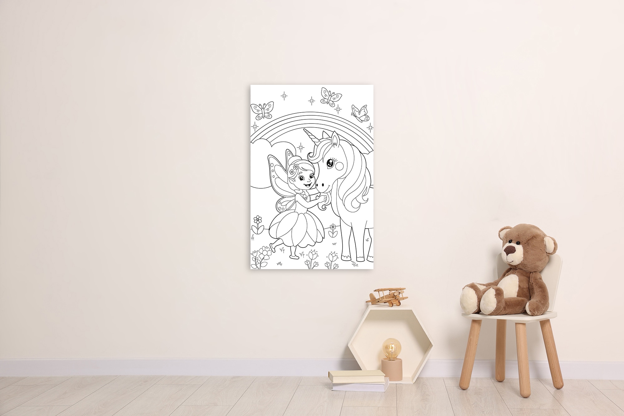 queence Bild »Fee und Einhorn«, Blätter-Blätterbilder-Blumen-Blumenbilder-Einhorn-Feen-Felder-Figuren-klassische Fantasie-Märchen-Mädchen-Märchenbilder-Reitbilder-Regenbogen-Wichtel, (1 St.), DIY Wandbild aus Dibond
