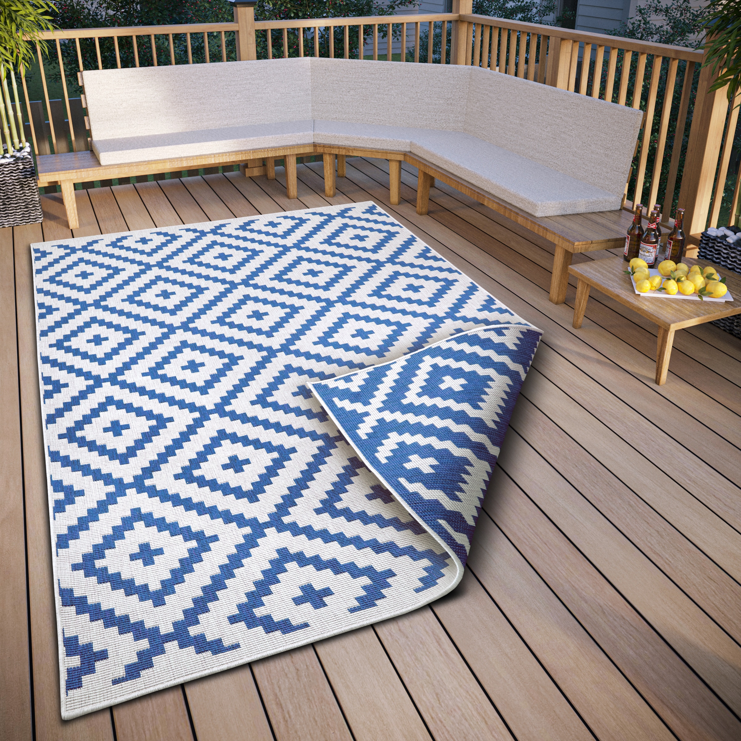 Teppich OTTO HOME "Ronda Wendeteppich", blau (blau, creme), B:240cm H:5mm L:340cm, Kunstfaser, Teppiche, Teppich, Sisal-Optik, Flachgewebe, In- und Outdoor, geometrisches Boho Design