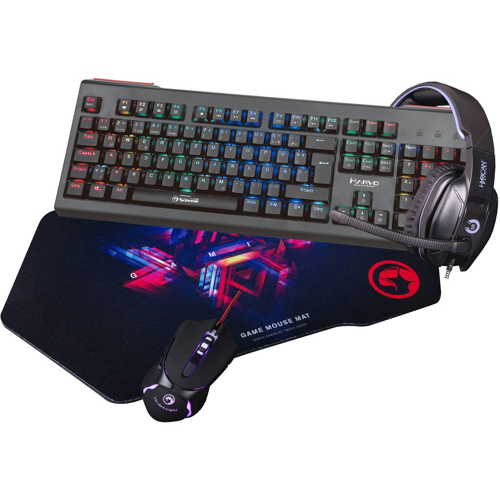 MARVO Gaming-Tastatur »Hardcore GAMER PACK Alpha (KG959G + M309 + G7 + SA-927)«, (Fn-Tasten-Ziffernblock-USB-Anschluss)