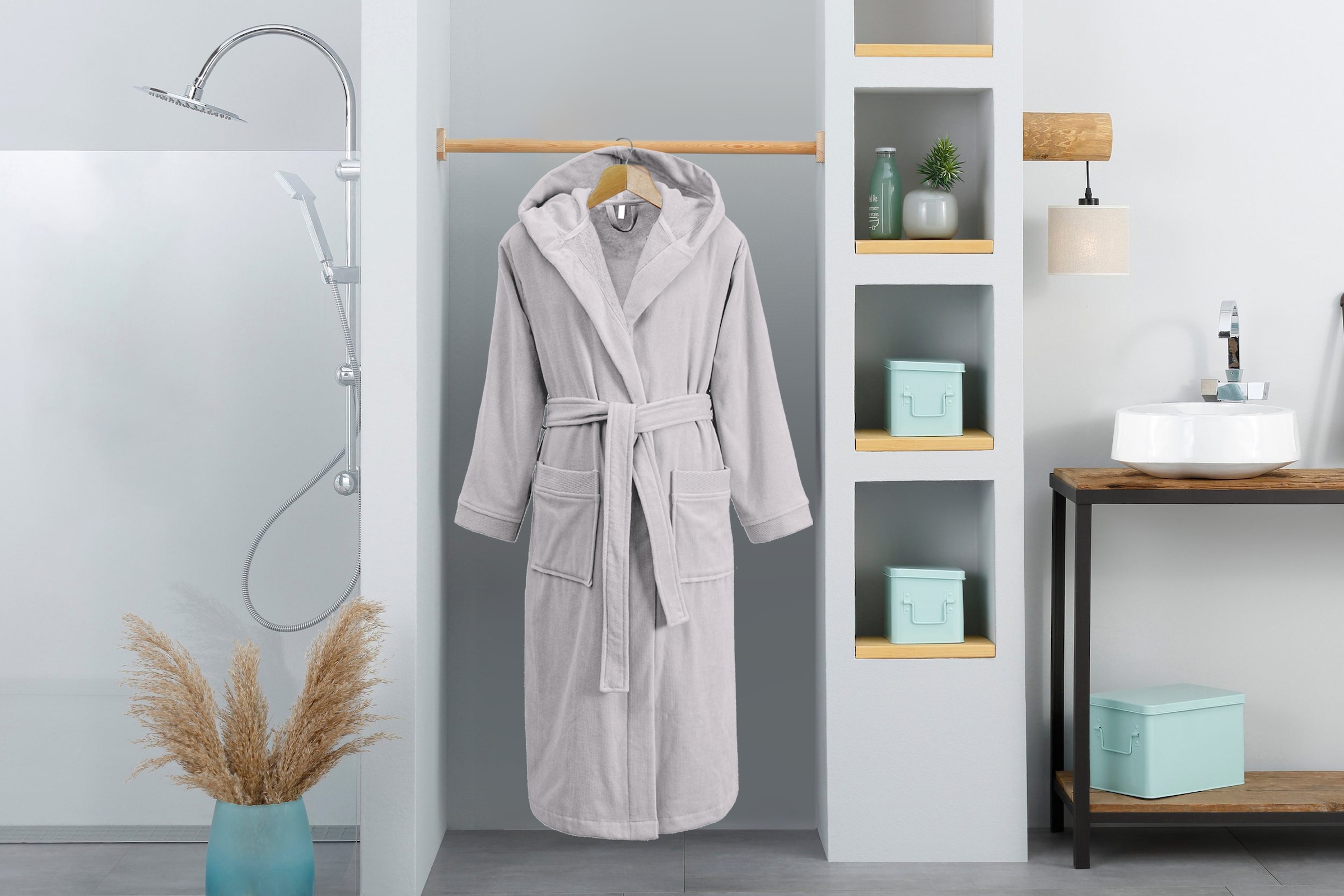 OTTO home Unisex-Bademantel »Fenya, 330 g/m², ideal für Sauna & Spa, Hotelbademantel, Morgenmantel«, (1 St.), Reißverschlusstaschen, weich mit GRATIS-Zugabe: 1x Duschtuch 70x140 cm