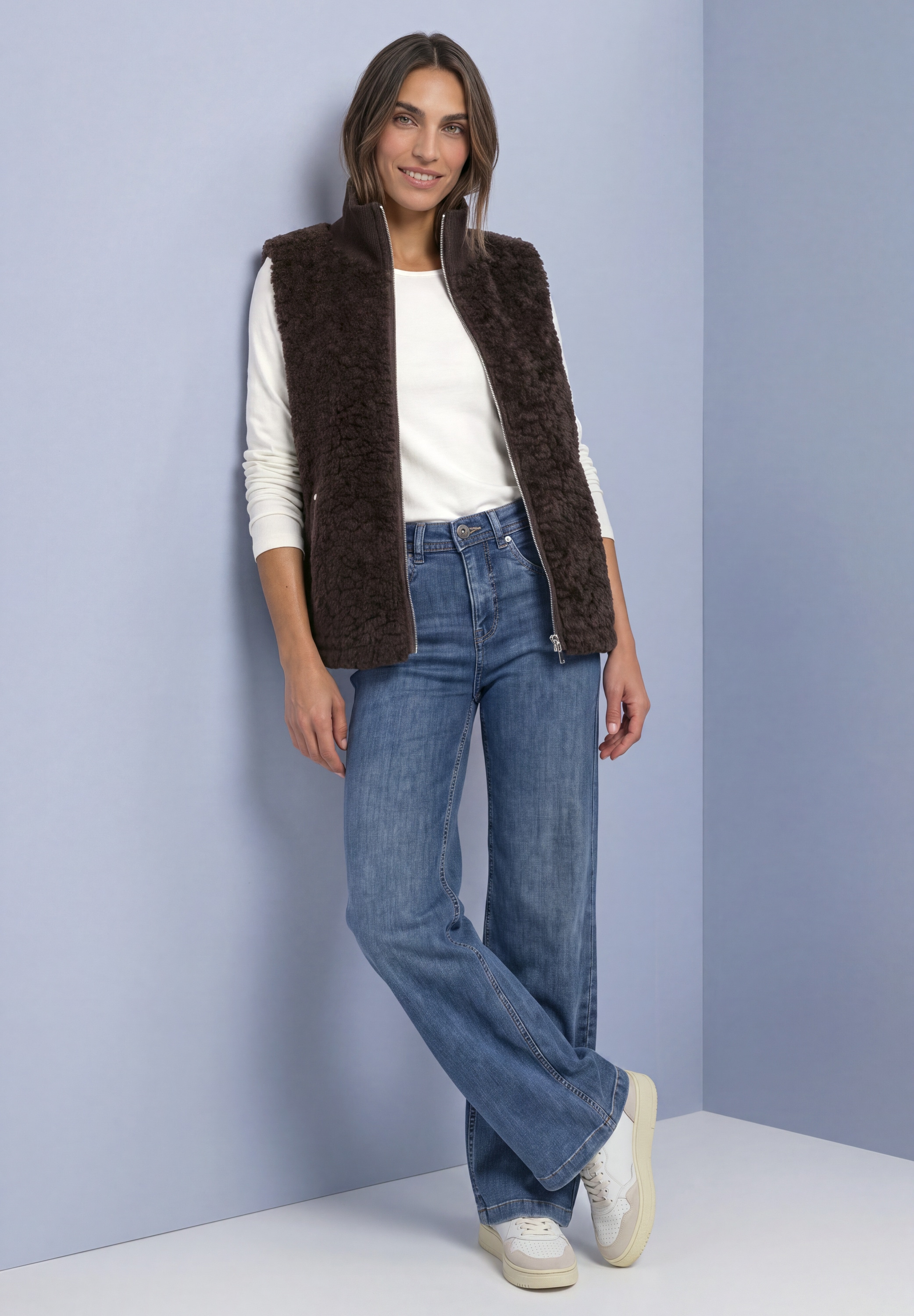 STREET ONE Fellimitatweste Fake Fur Weste mit Strickdetails / Stehkragen