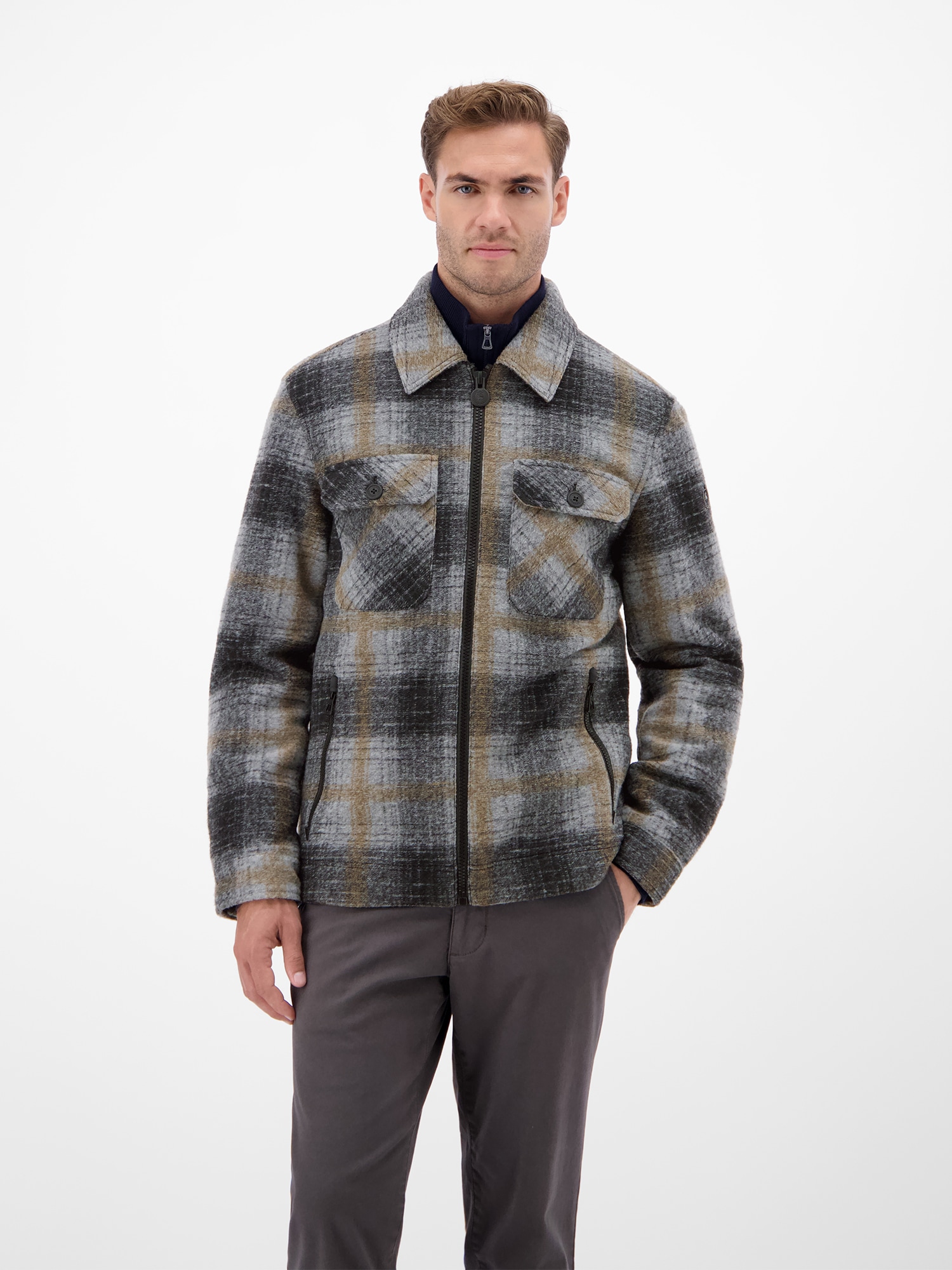 LERROS Outdoorjacke »LERROS Karierte Outdoor-Hemdjacke in Woll-Optik« ohne Kapuze Keine Angabe