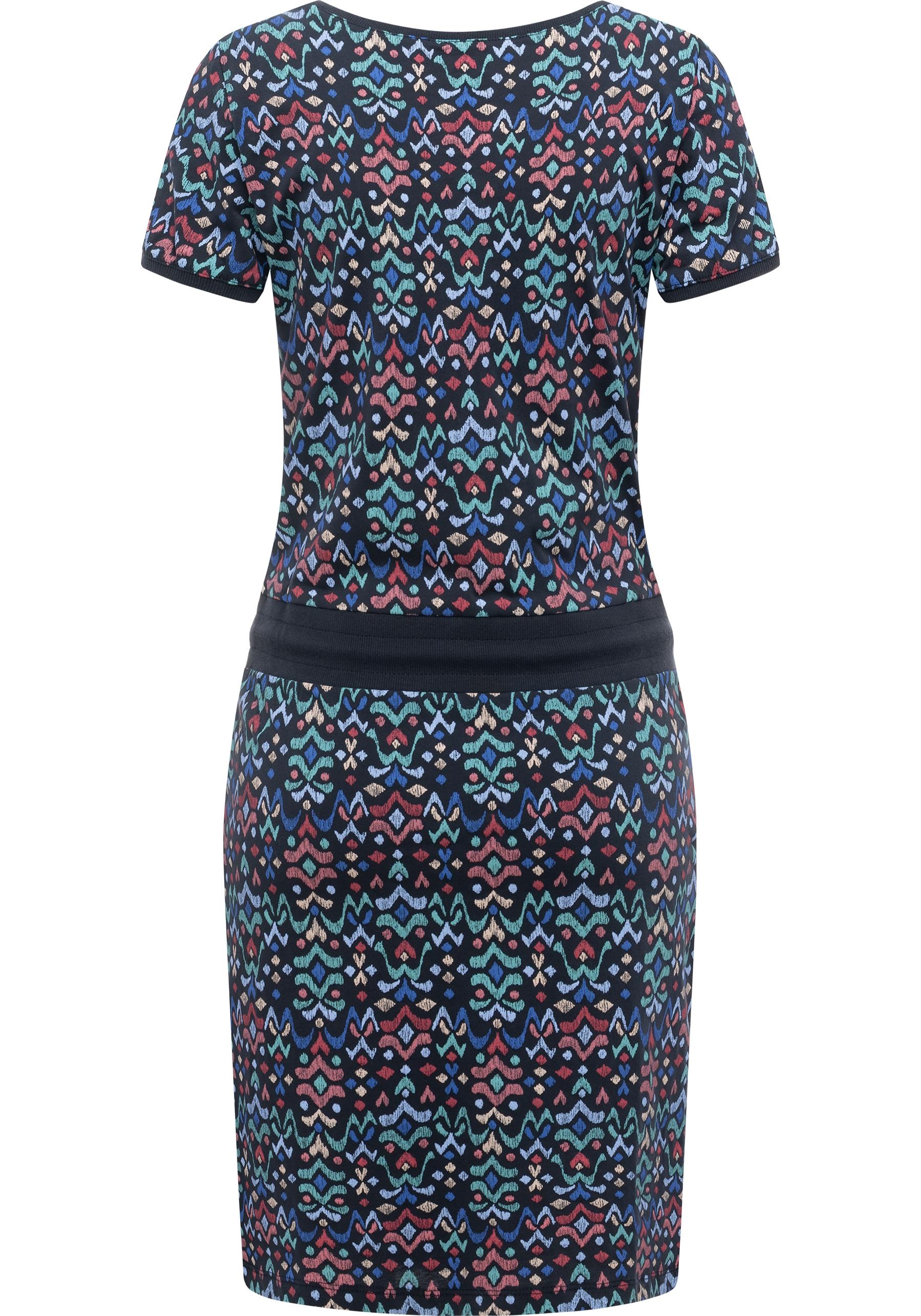 Minikleid RAGWEAR "Baomi Print YOUMODO", Damen, Gr. XXL (44), Normalgrößen, navy, Sweatware, Material: 100% Baumwolle, tailliert ca. Mitte Oberschenkel, Rundhals, Ärmel ohne Ärmelschlitz Rippbündchen, Kleider Minikleid, Gemustertes kurzes Sommerkleid mit  2