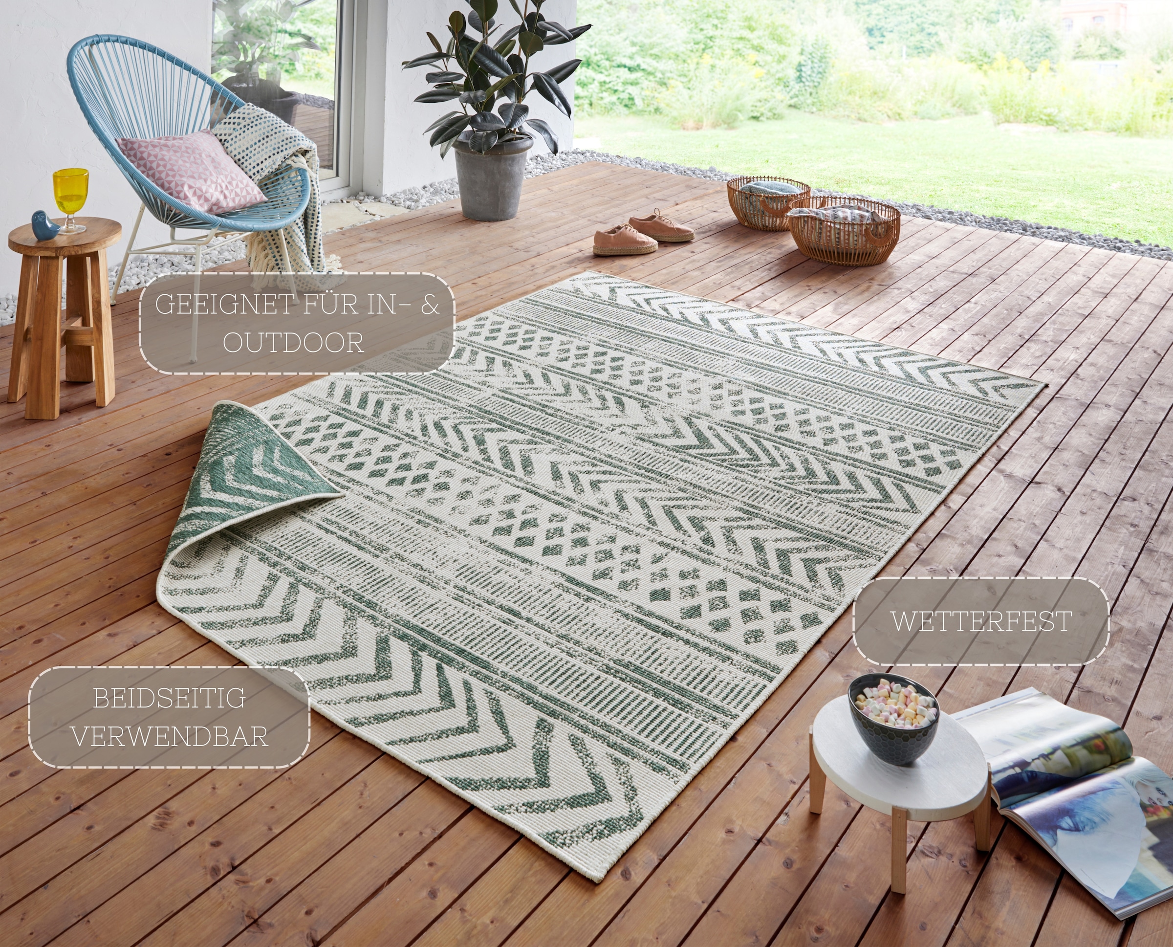 NORTHRUGS Teppich »BIRI Wendeteppich«, rechteckig, 5 mm Höhe, In-& Outdoor, Wetterfest, Balkon, Läufer, Wohnzimmer, Wasserfest, Boho