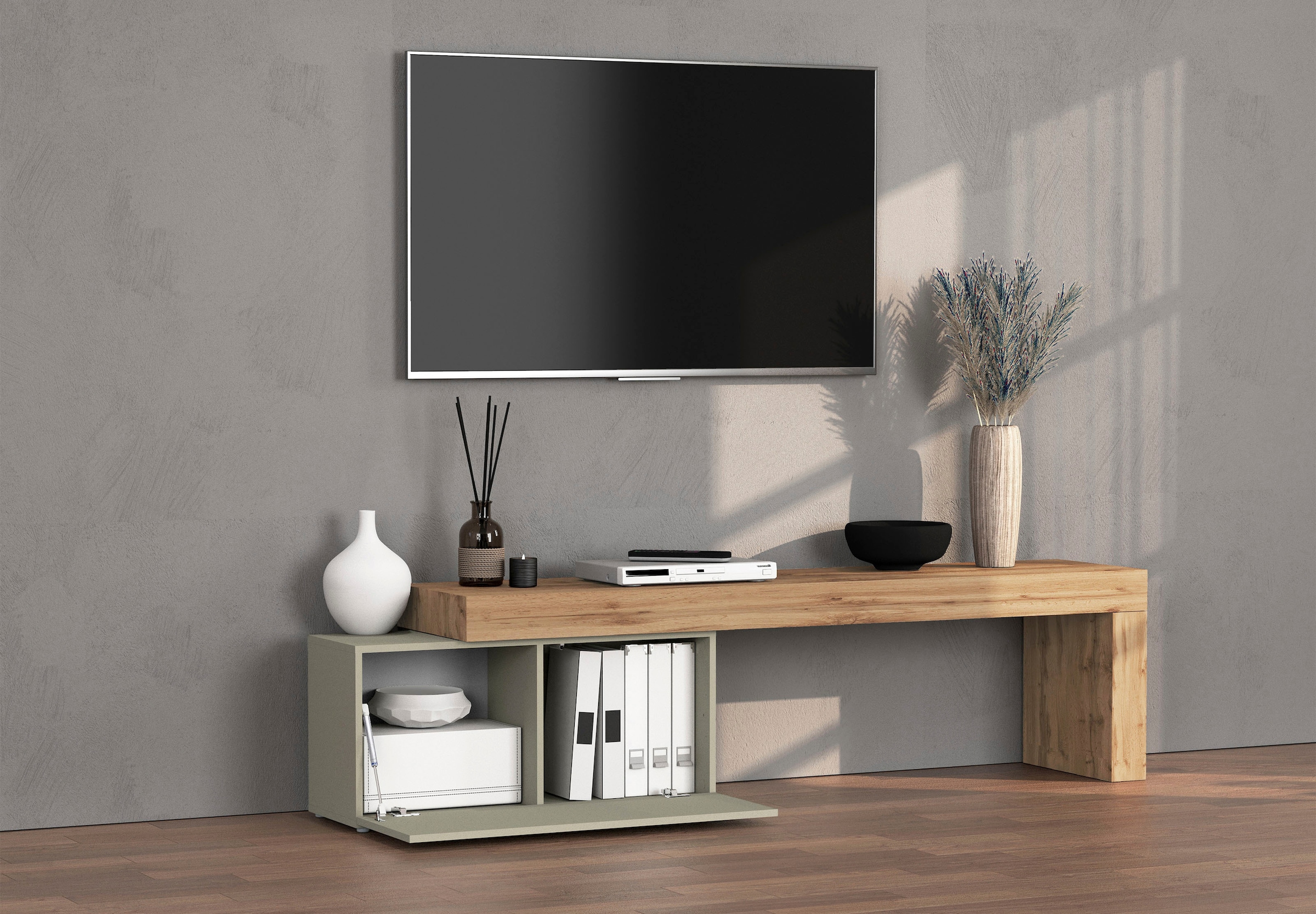 INOSIGN Lowboard »Chronos TV-Board, TV-Schrank«, (1 St., Breite verstellbar von 180 bis 260 cm), Breite 220 cm TV-Board,Lowboard,1 Klappe und ein L-Förmiger Aufsatz
